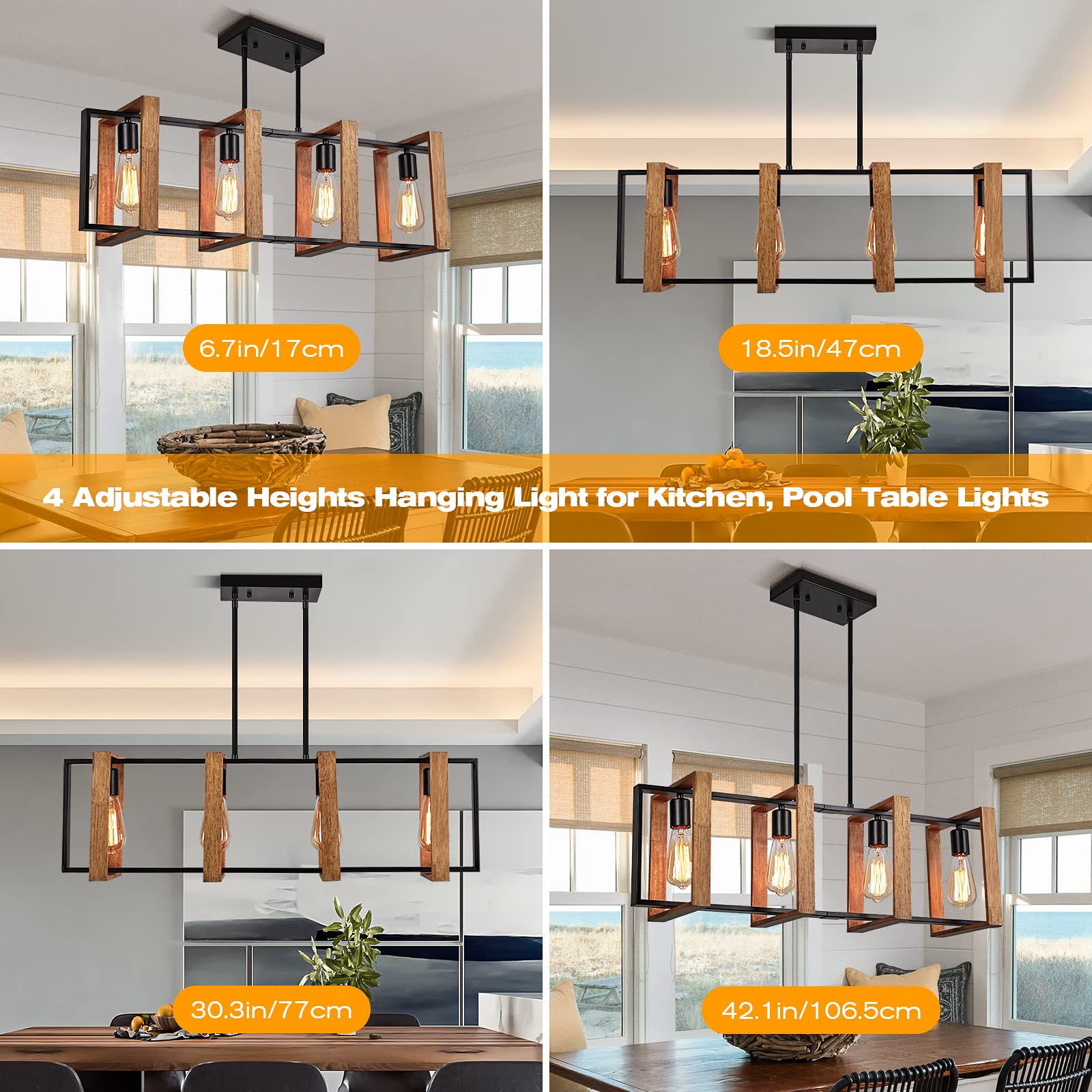 Farmhouse Kitchen Island Lighting Black Pendant Light Fixtures 4-Light Dining Room Lights Wood Chandelier Adjustable Hanging Pendant Lighting for Kitchen Island