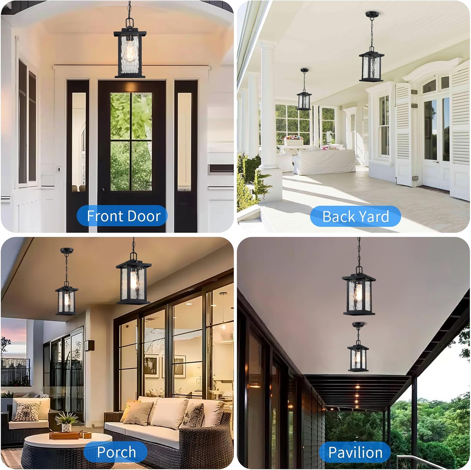 Outdoor Hanging Light, 11.8" Modern Exterior Pendant Light Fixture for Front Porch, Black Outdoor Patio Lighting with Tempered Seeded Glass, Anti-Rust Adjustable Chain Outdoor Chandelier Lantern