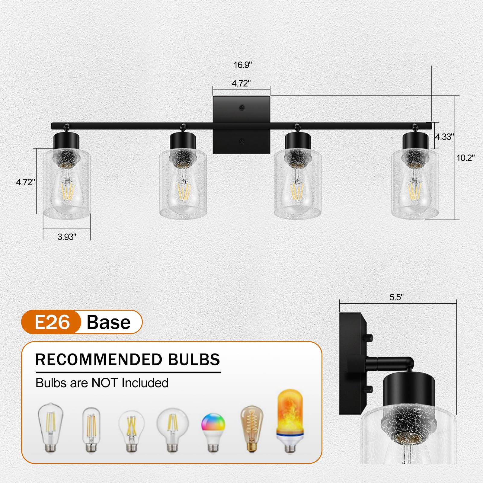 LED 4 Light Track Lighting Kit, 4 Way Ceiling Spot Lighting with Glass Lampshade, Flexibly Rotatable Light Head for Kitchen, Living Room, Bedroom, Bulb Not Included