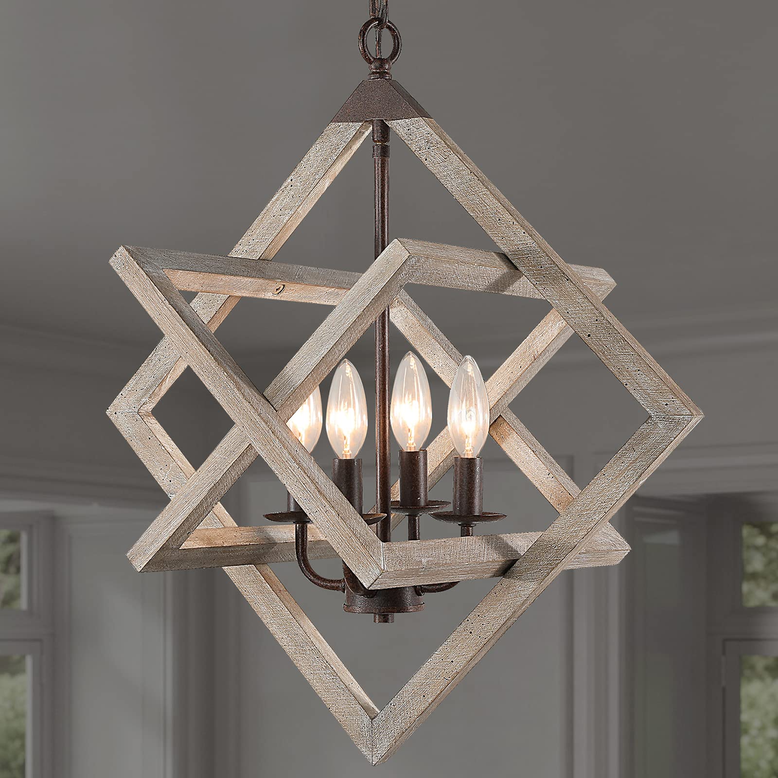 2024 Upgraded Wood Farmhouse Chandeliers for Dining Room, 4-Light Rustic Foyer Geometric Lantern Coastal Pendant Light Fixture, Modern French Country Lighting for Kitchen Island Entryway Bedroom Entry