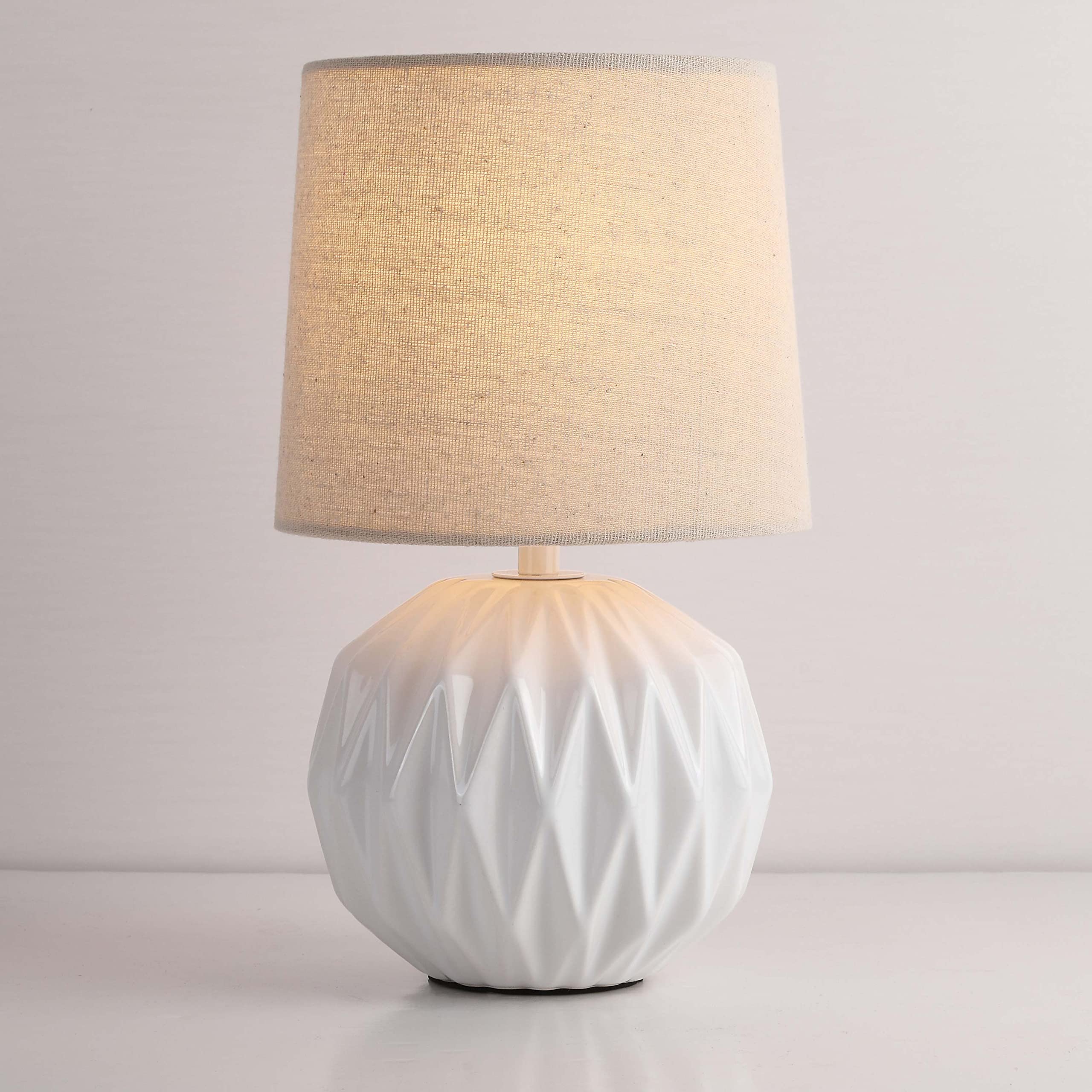 White Ceramic Table Lamp, Geometric Textured Small Bedside Lamp with Linen Shade, Mid Century Modern Nightstand Lamp for Bedroom Living Room Reading Room, H 12" x W 6.7"