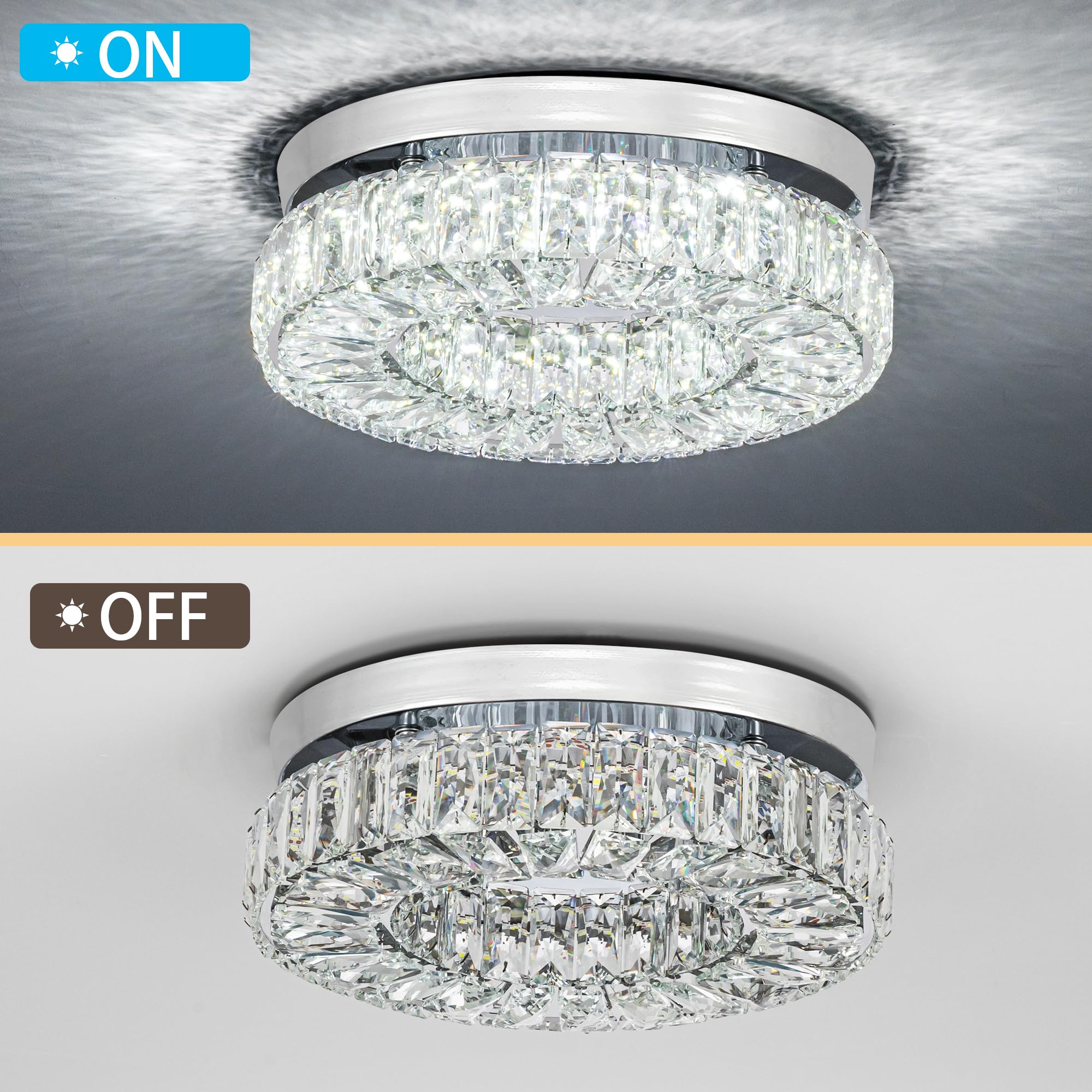 11.8" Crystal Chandelier LED Crystal Flush Mount Ceiling Light Modern Crystal Chandeliers for Bedrooms Dining Room Hallway (6500K Cool White) Without Remote Control