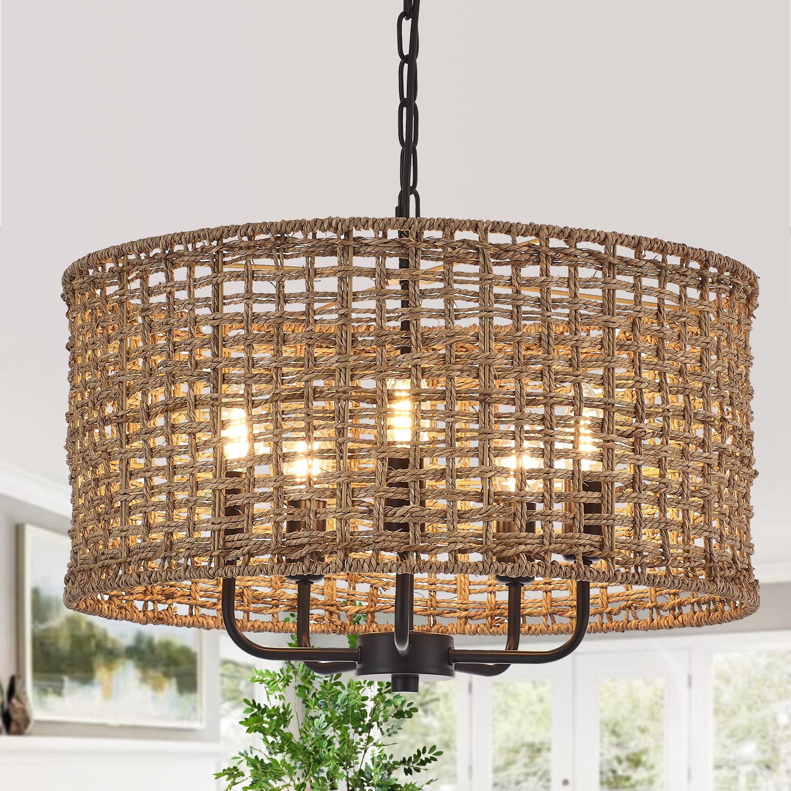 Hand-Woven Rattan Chandelier Vintage Farmhouse Boho Bamboo Chandelier Light Fixture Rustic Retro 5-Lights Drum Wicker Rattan Black Chandelier for Dining Room, Kitchen, Living Room, E12