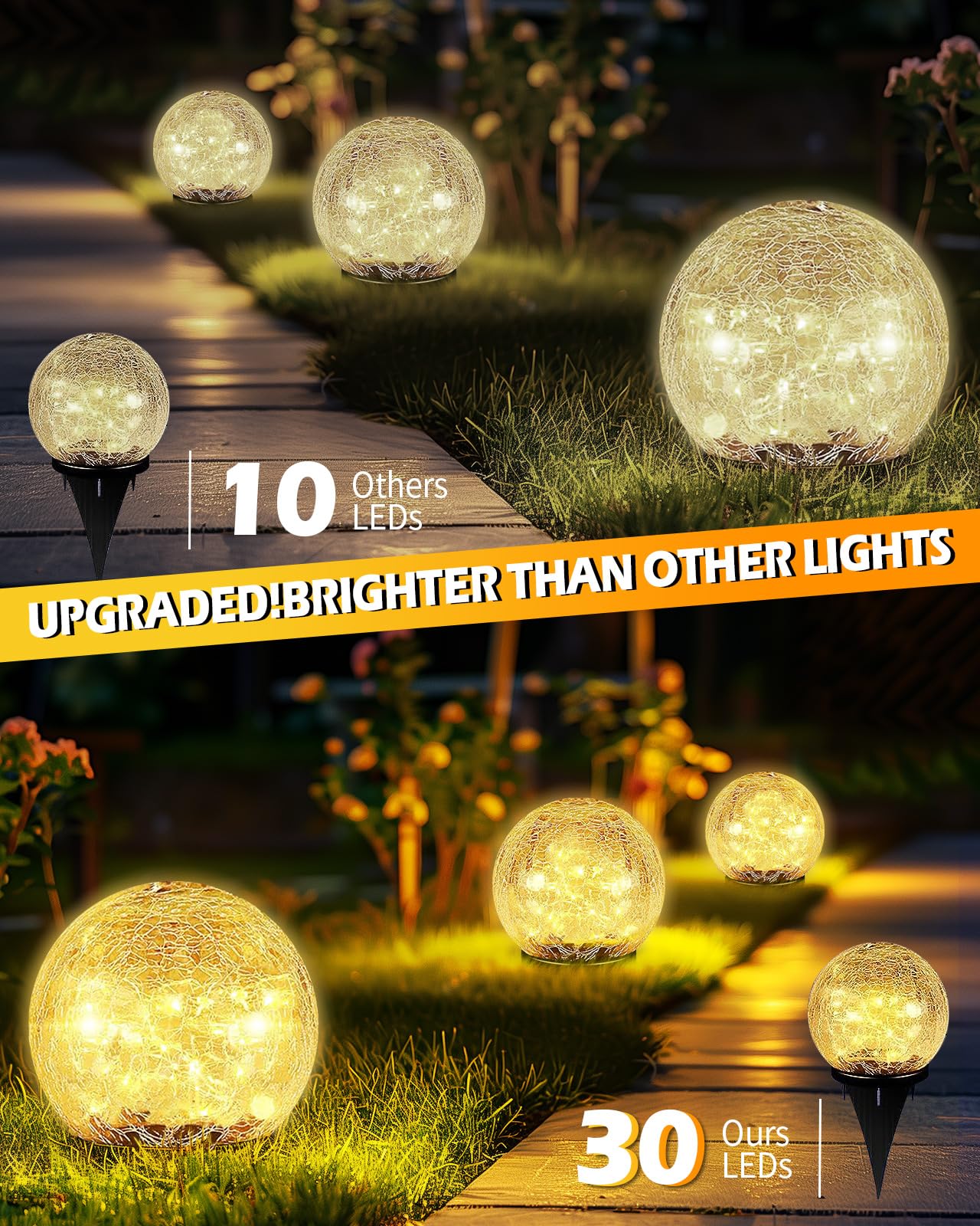 Garden Solar Ball Lights Outdoor Waterproof, 50 LED Cracked Glass Globe Solar Power Ground Lights for Path Yard Patio Lawn, Christmas Decoration Landscape Warm White(2 Pack 4.7'')