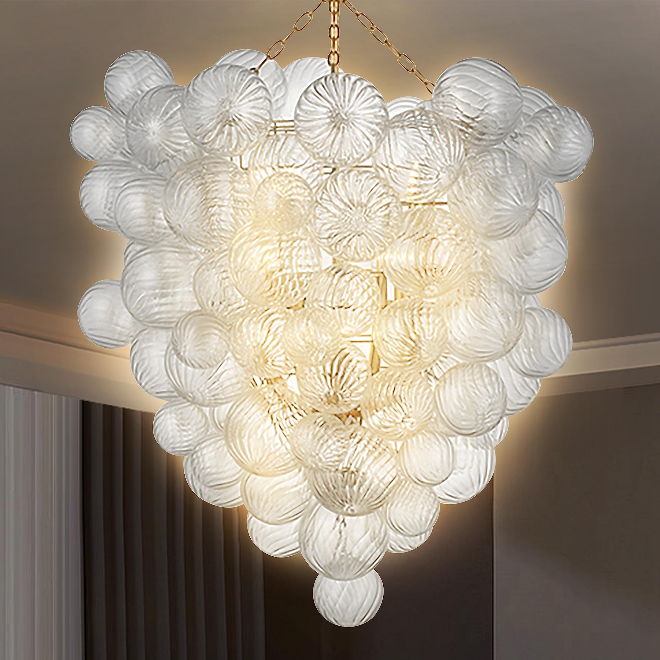 Semi Flush Mount Ceiling Bubble Ball Chandelier Lighting Dia 20 Inch Gold Clear Ribbed Blown Glass Chandeliers Ceiling Medallions Light Fixtures for Bedroom, Living Room, Entry, Bathroom