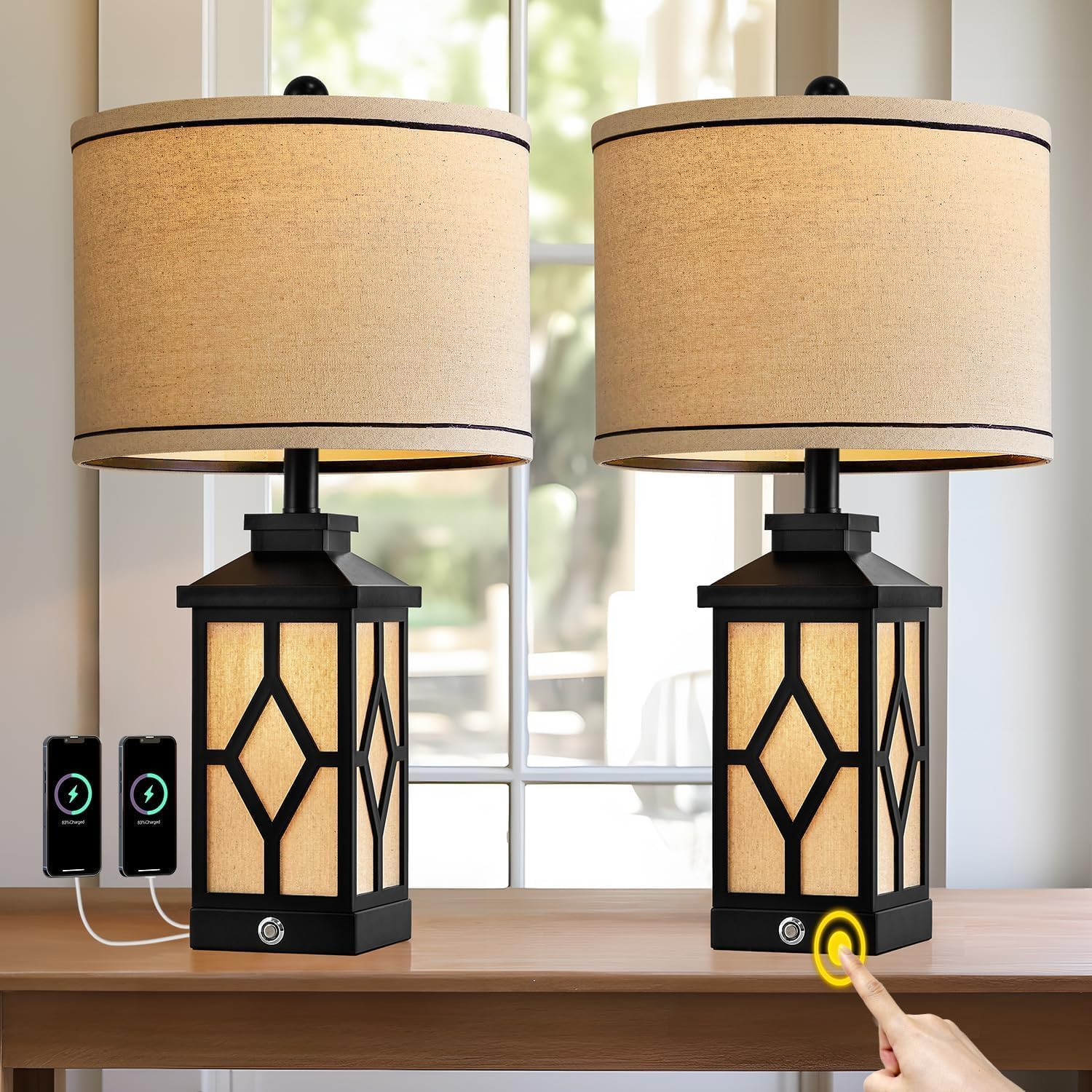 Touch Table Lamps Set of 2 Farmhouse Bedside Lamps with USB A+C Charging Ports 3-Way Dimmable Black Lamps for Living Room Retro Lamps for Night Stands Boho Bedroom Lamps