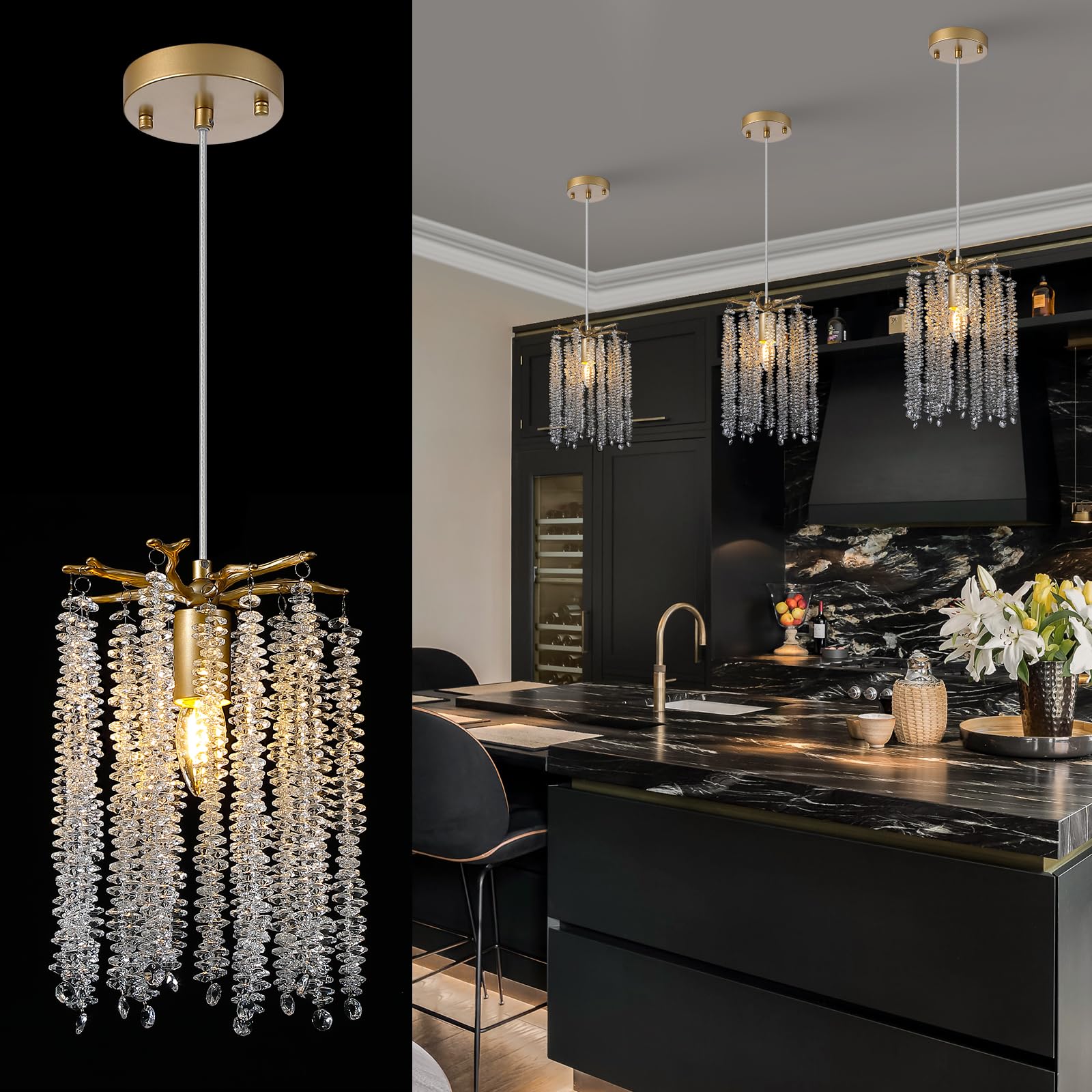 Modern Tree Branch Crystal Chandelier Luxury Gold Raindrop Pendant Lighting 23.6" Contemporary 8-Light Chandeliers for Dining Room Kitchen Bedroom Living Room