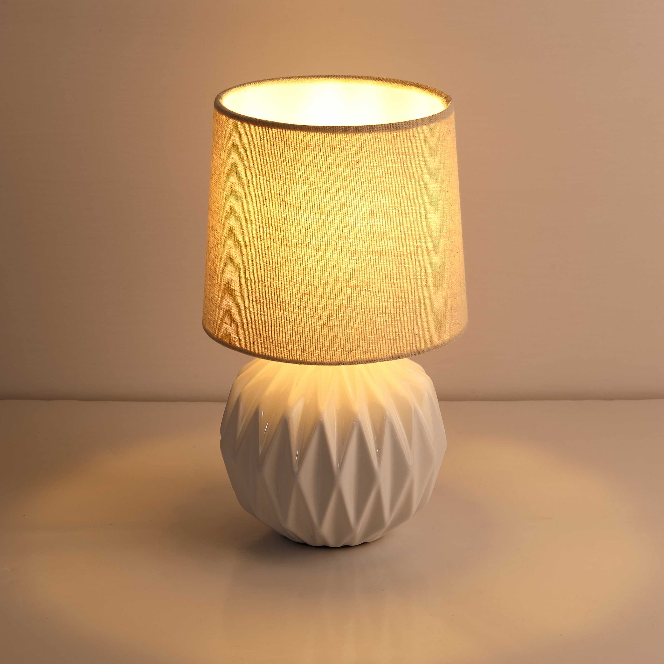 White Ceramic Table Lamp, Geometric Textured Small Bedside Lamp with Linen Shade, Mid Century Modern Nightstand Lamp for Bedroom Living Room Reading Room, H 12" x W 6.7"