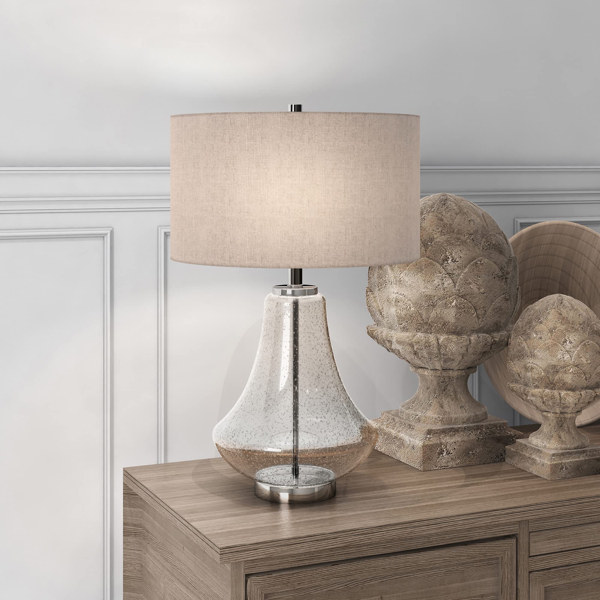 23" Tall Table Lamp with Fabric Shade in Seeded Glass/Antique Bronze/Flax