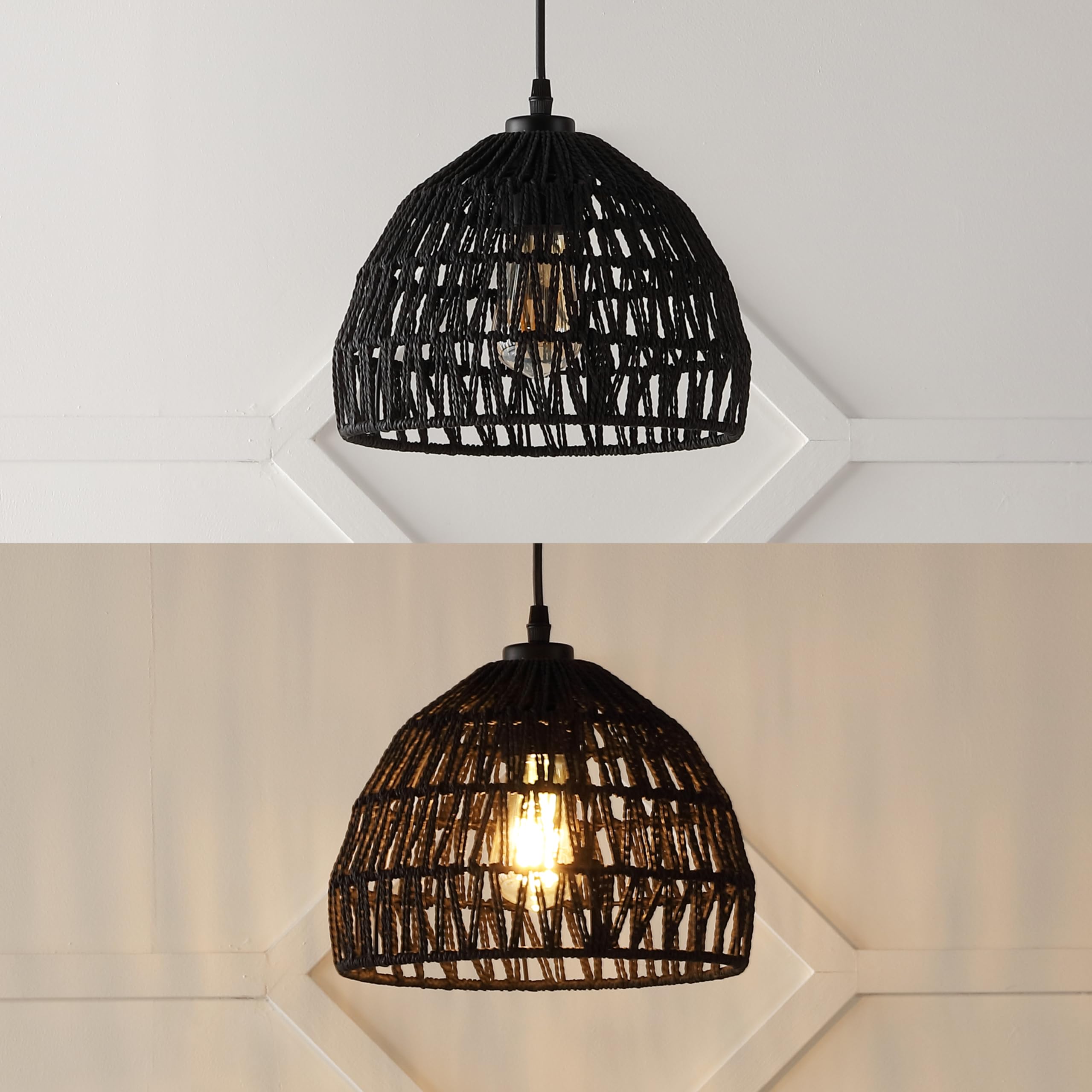 20" 1-Light Bohemian Modern Woven Rattan/Iron LED Pendant Farmhouse Coastal Adjustable Dining Room Living Room Kitchen Island Foyer Bedroom Hallway, Black