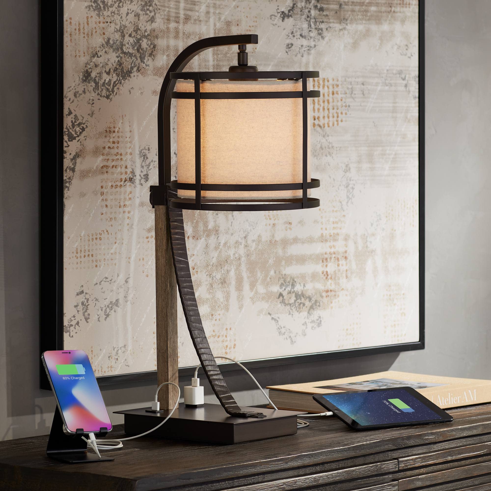 Industrial Desk Table Lamp 22" High with USB and AC Power Outlet in Base Oil Rubbed Bronze Faux Wood Metal Cage Oatmeal Drum Shade for Bedroom Living Room House Desk