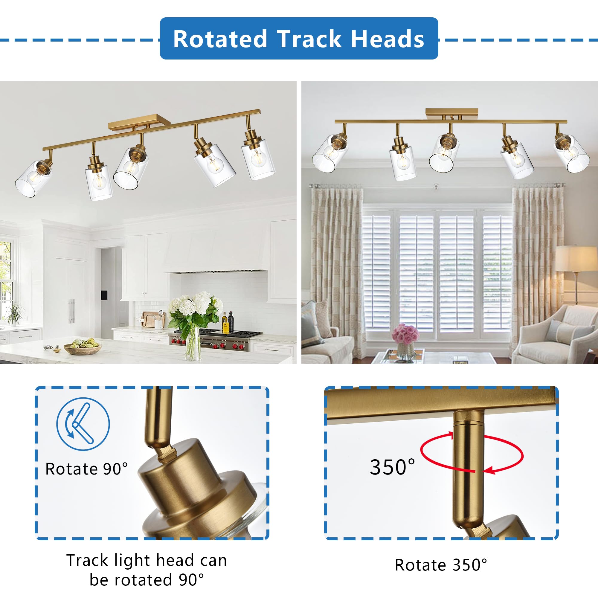 2-Light Adjustable Track Lighting Kit Brass Kitchen Track Lighting Fixtures Ceiling Spotlight with Clear Glass Shade for Hallway Foyer Bath Storage