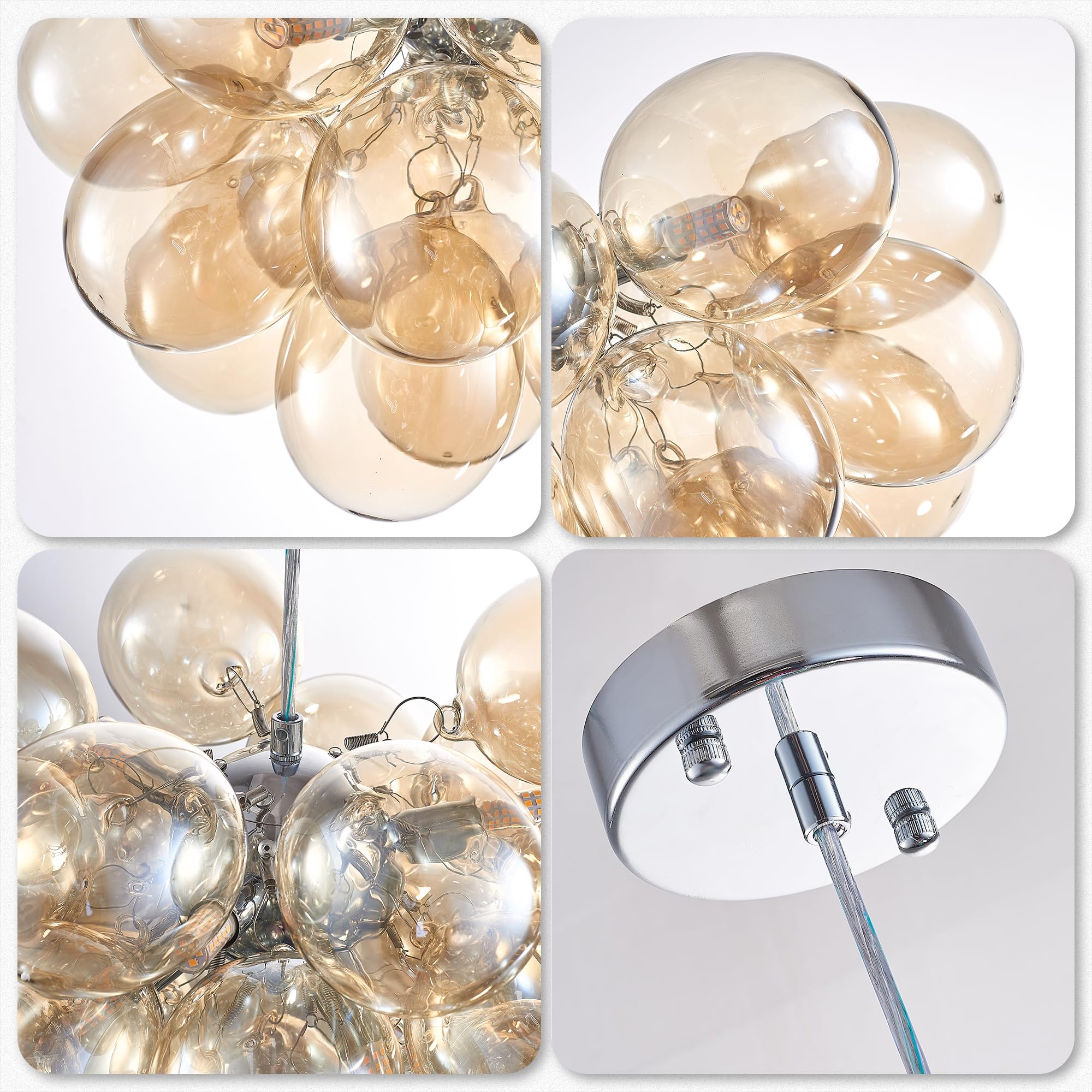 Semi Flush Mount Ceiling Bubble Ball Chandelier Lighting Dia 20 Inch Gold Clear Ribbed Blown Glass Chandeliers Ceiling Medallions Light Fixtures for Bedroom, Living Room, Entry, Bathroom