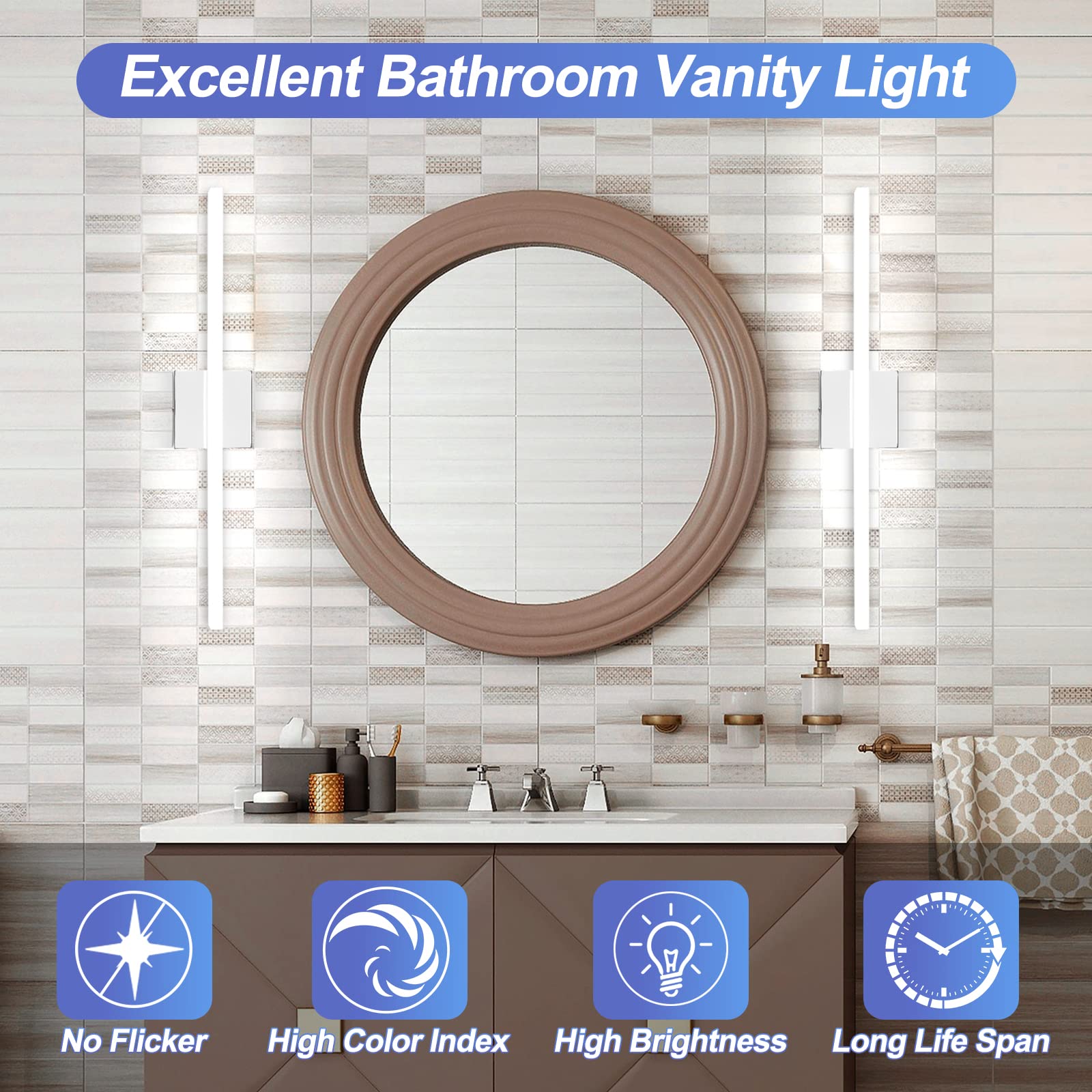 LED Vanity Lights Bar 24 Inch Bathroom Light Fixtures 14W IP44 Over Mirror Lighting Indoor Wall Sconces Modern Cool White 6000K for Washroom