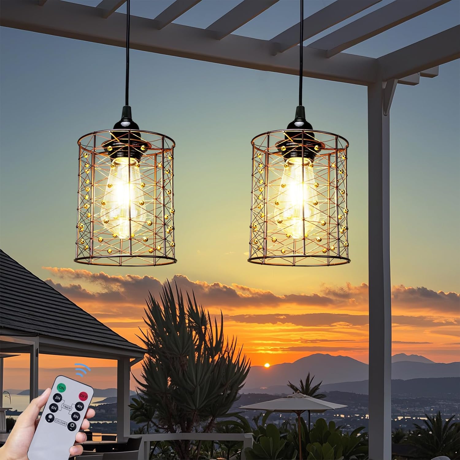 Battery Operated Hanging Outdoor Chandelier, Battery Power Pendant Light, Gazebo Lights Outdoor Waterproof, 4 AA Batteries, For Gazebo, Pergola, Porch, Patio, Indoor Outdoor Decor Lighting (2)