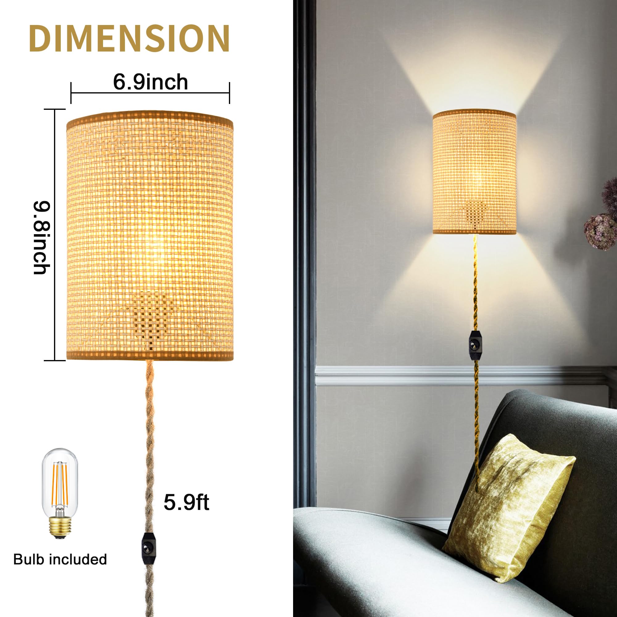 Wall Sconces Set of Two, Plug in Wall Sconces,Rattan Lampshade,Wall Lamp with Plug in Cord and Dimmable Switch,Wall Lights Fixtures for Bedroom Living Room Hallway.