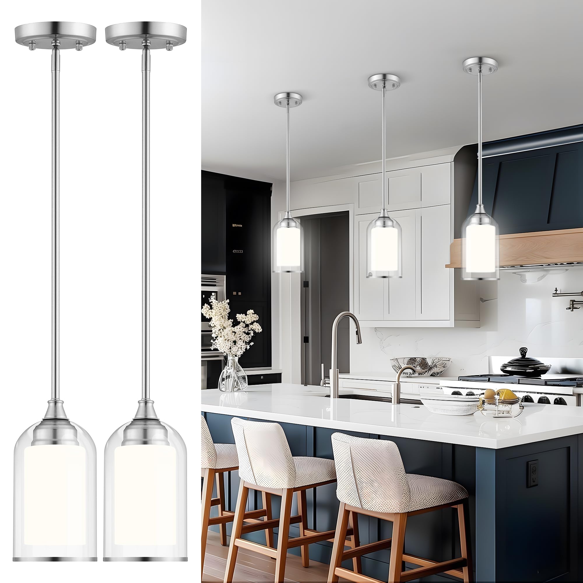 2 Pack Pendant Lights, Vintage Dual Glass Hanging Lamp, Brushed Gold Pendant Lights Kitchen Island with Clear and Milk Glass, Pendant Lighting for Dining Room PL02BR-2PK