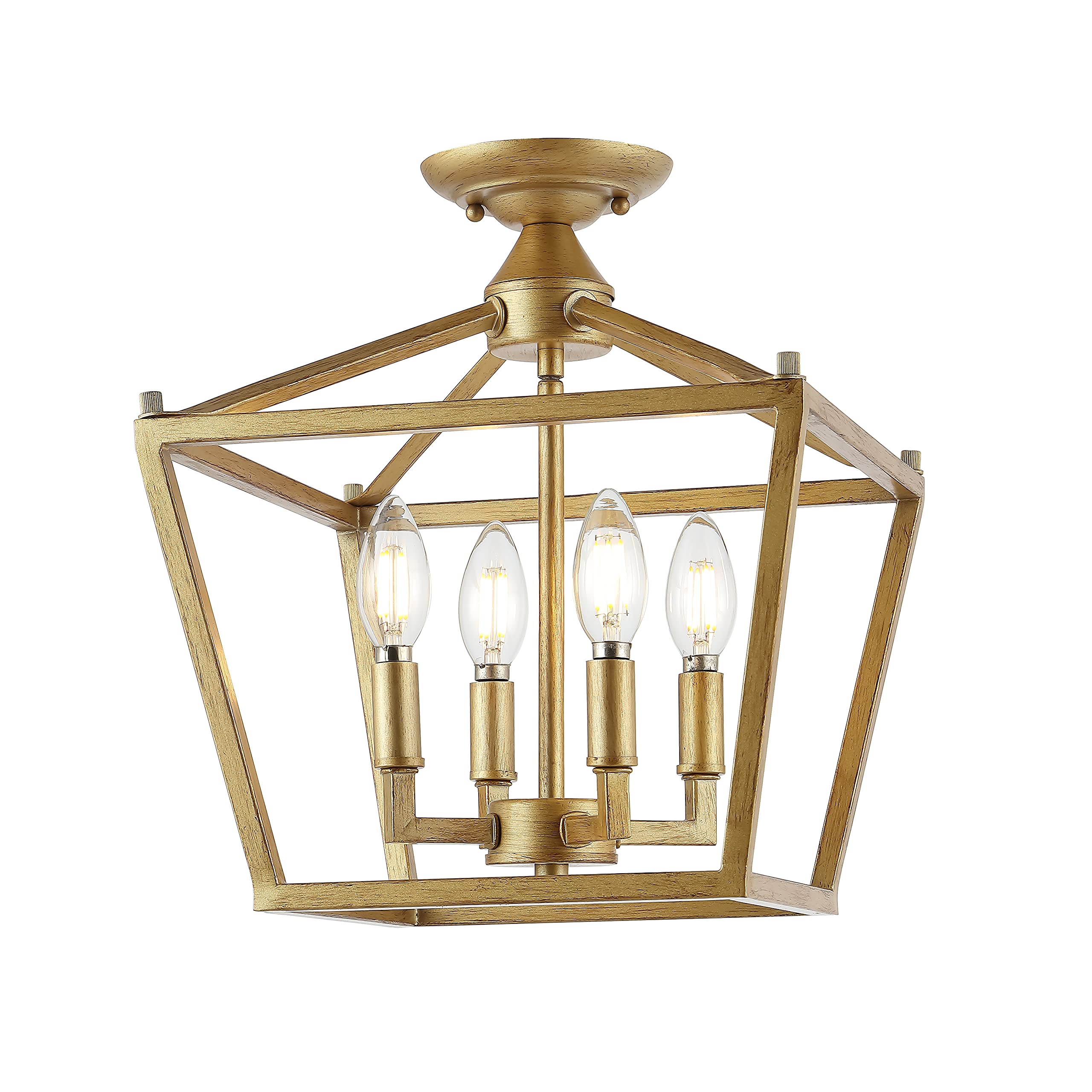 Mini Lantern 12" 4-Light Iron Modern Farmhouse LED Flush Mount, Rustic, Industrial, Dimmable, 2700K Cozy Warm Light Kitchen, Hallway, Bathroom, Stairwell, Brass Gold