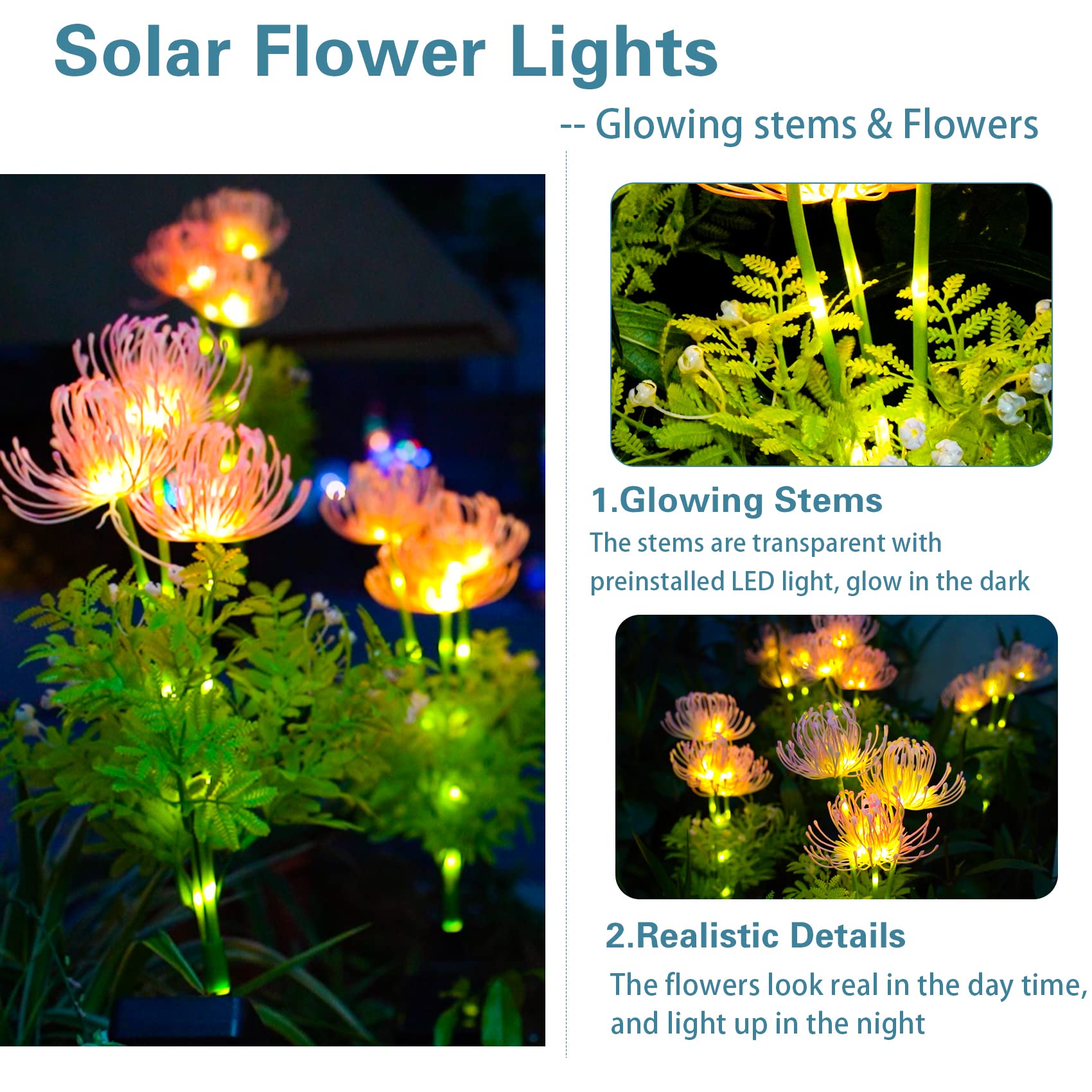 Solar Garden Lights, Solar Flowers Lights with Glowing Flowers & Stems, Upgraded Solar Panel, Solar Lights Outdoor for Garden Decoration,Yard Decor and Gift for Mother (2 Pack)