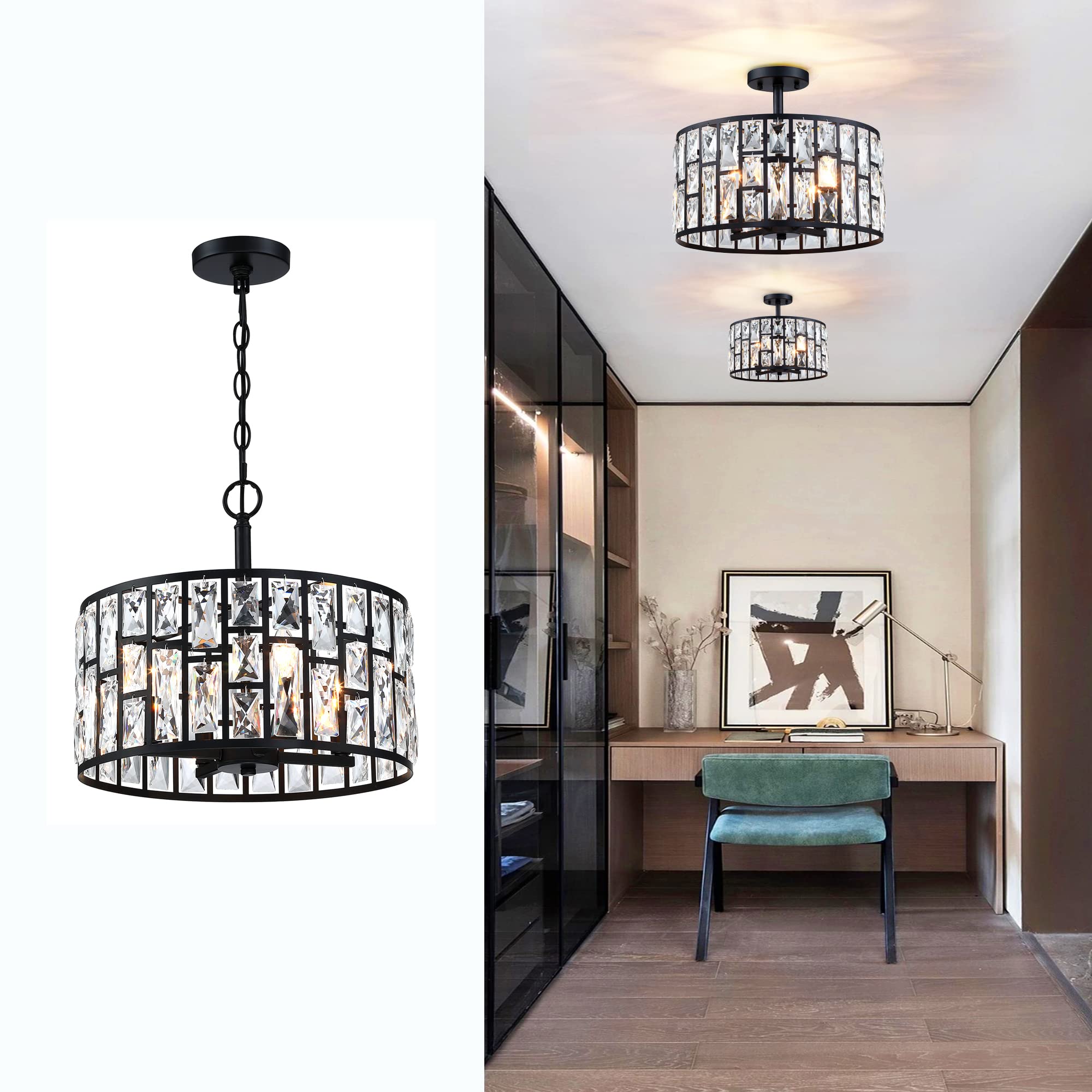 MEXO Farmhouse Crystal Round Semi Flush Mount Close to Ceiling Light Fixture, Drum Shade 3LT Ceiling Lamp for Kitchen Island Dinning Room Bedroom, Hallway Black Finish