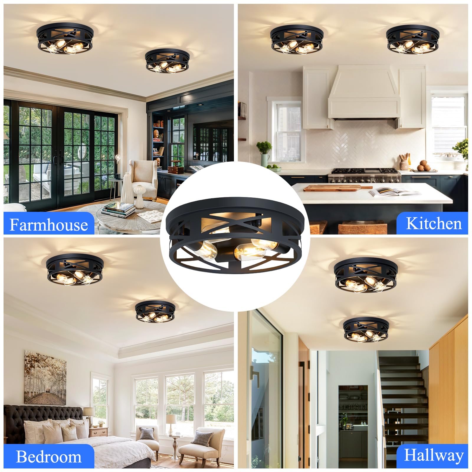 Flush Mount Ceiling Light Fixture,3-Light Ceiling Light Fixture for Hallway, Black Hallway Light Fixtures Ceiling,Light Fixtures Ceiling Mount for Kitchen,Farmhouse,Hall (1 Pack) (13.1inch)