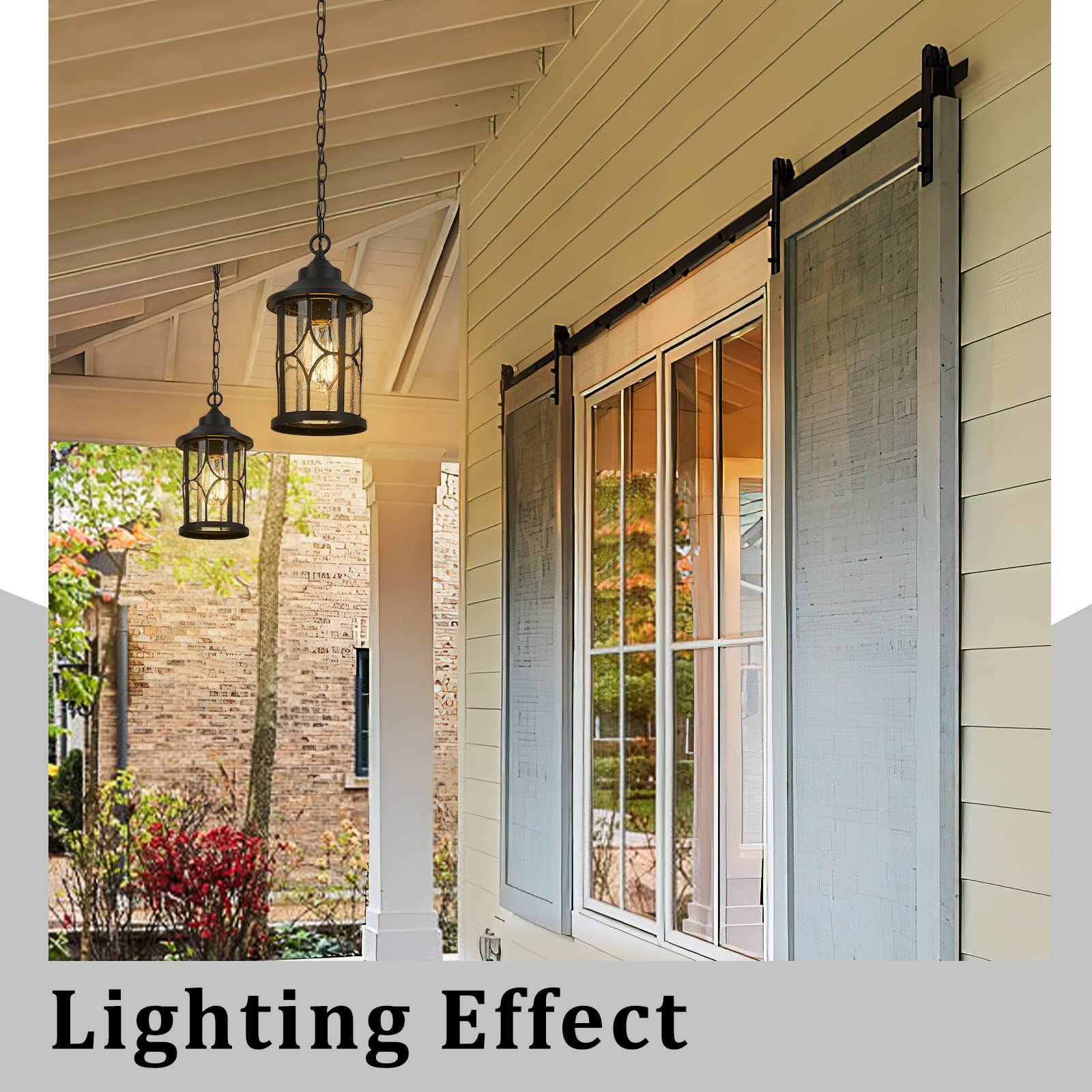 Outdoor Pendant Light for Porch - 12 Inch Farmhouse Exterior Hanging Lantern with Seeded Glass, Black Finish, ZX48H BK