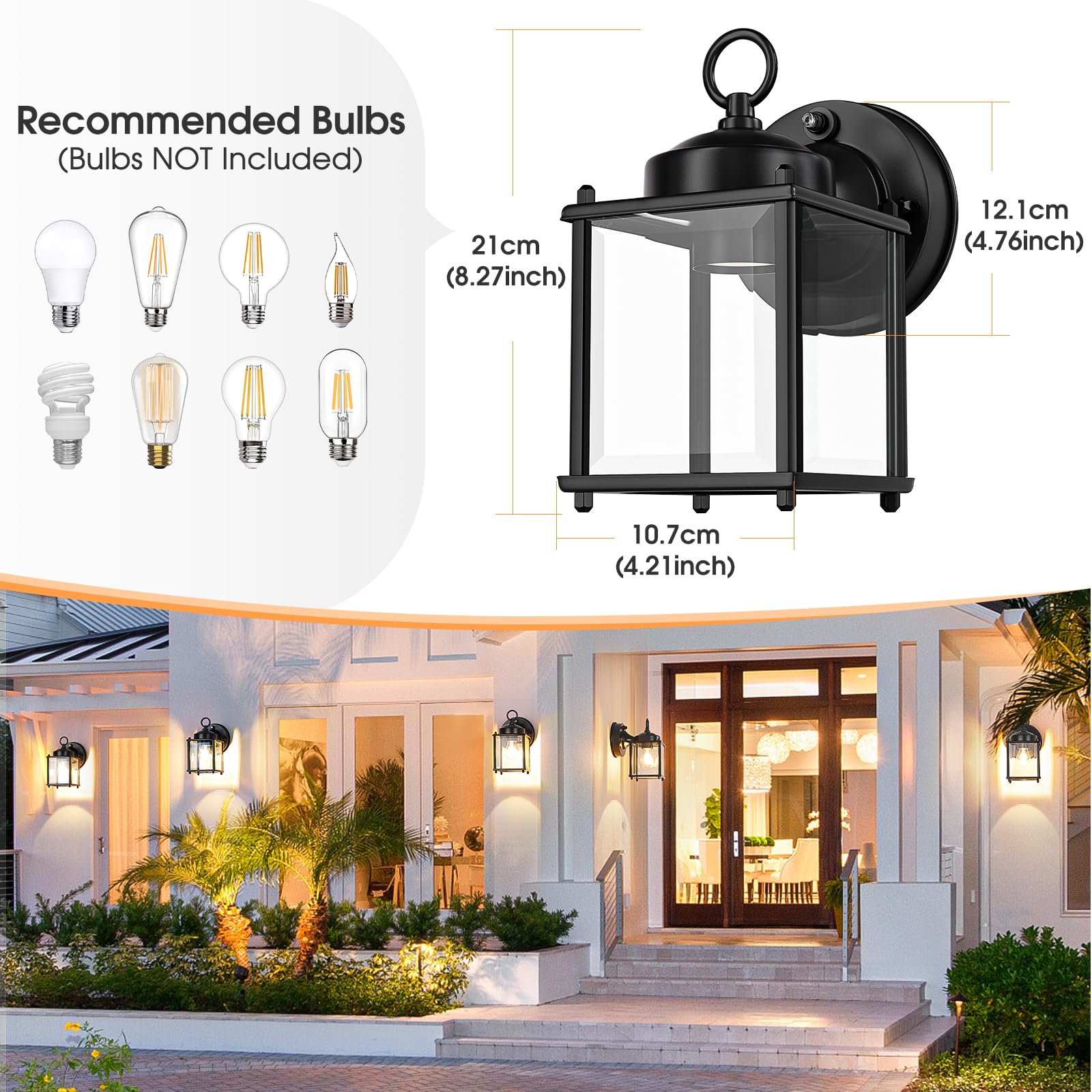 Sensor Outdoor Wall Sconce, Exterior Waterproof Wall Mount Lanterns, Black Front Porch Lights with Clear Beveled Glass, 2 Pack