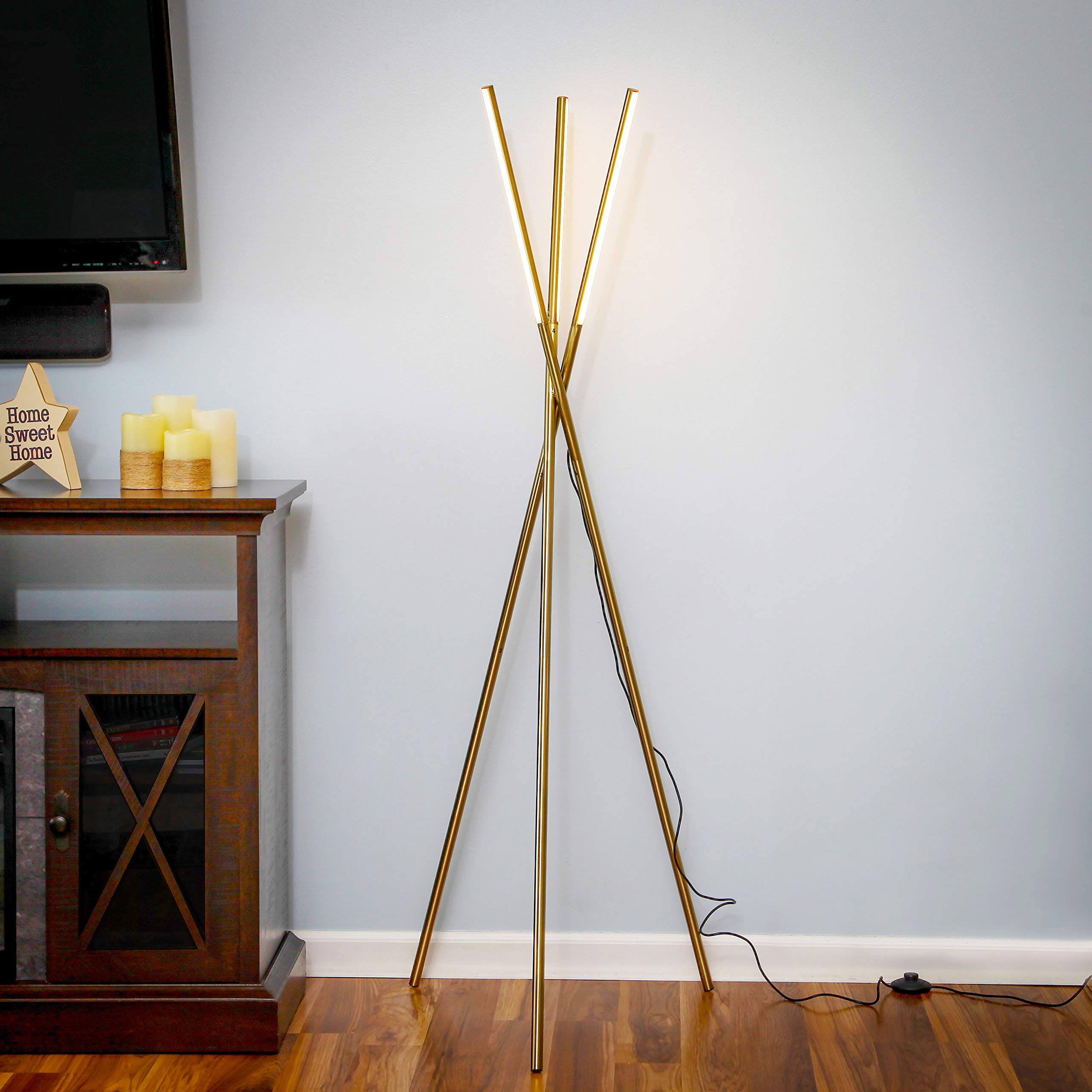 Stix Floor Lamp, Tall Tree Lamp for Offices, LED Tripod Lamp for Living Rooms, Great Living Room Décor, Dimmable Standing Lamp With 3 Lights for Bedroom Reading - Gold/Brass