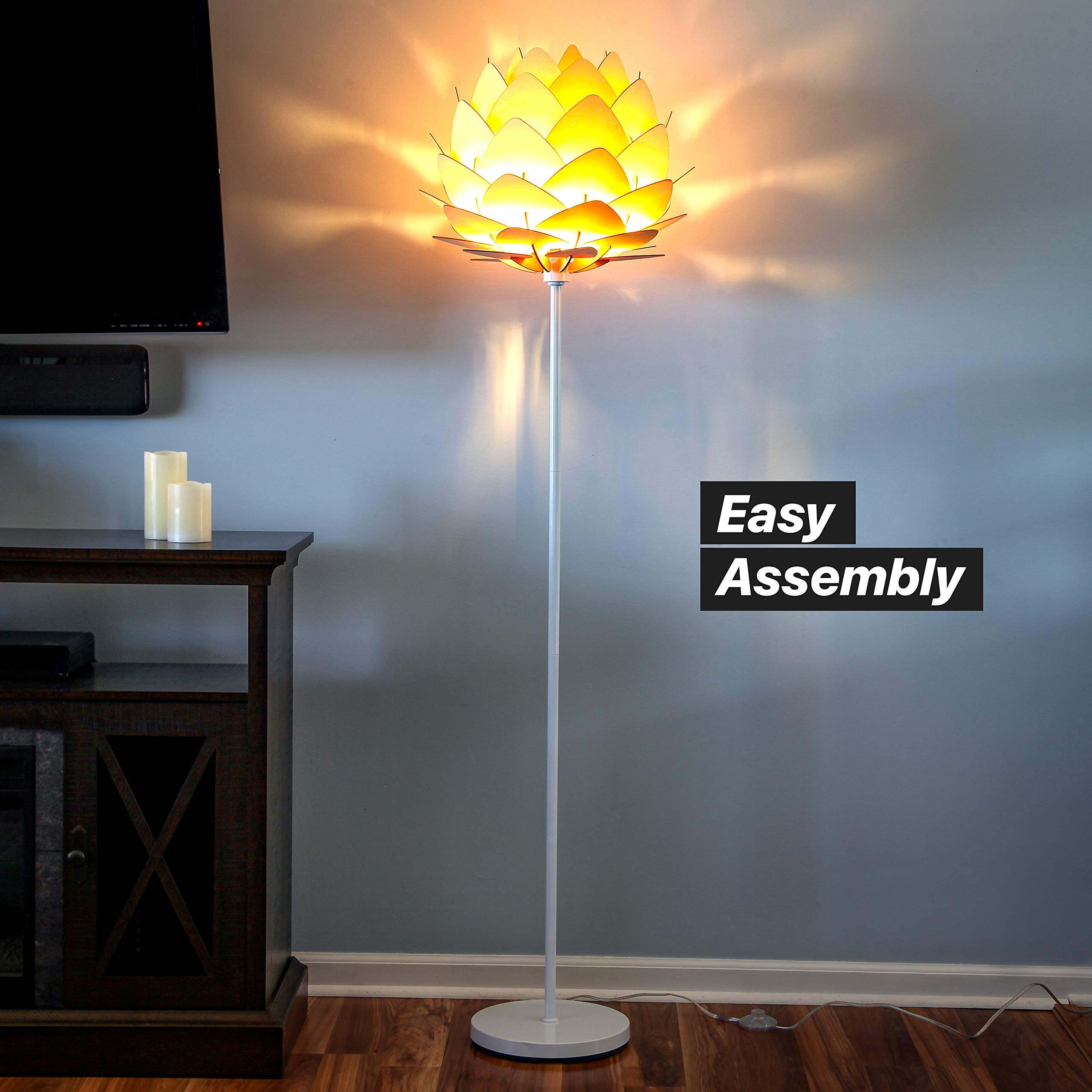 LED Floor Lamp, Great Living Room Décor, Modern Lamp for Living Rooms & Offices, Bohemian Standing Lamp for Bedroom Reading, Tall Lamp with Multi-Panel Wooden Shade