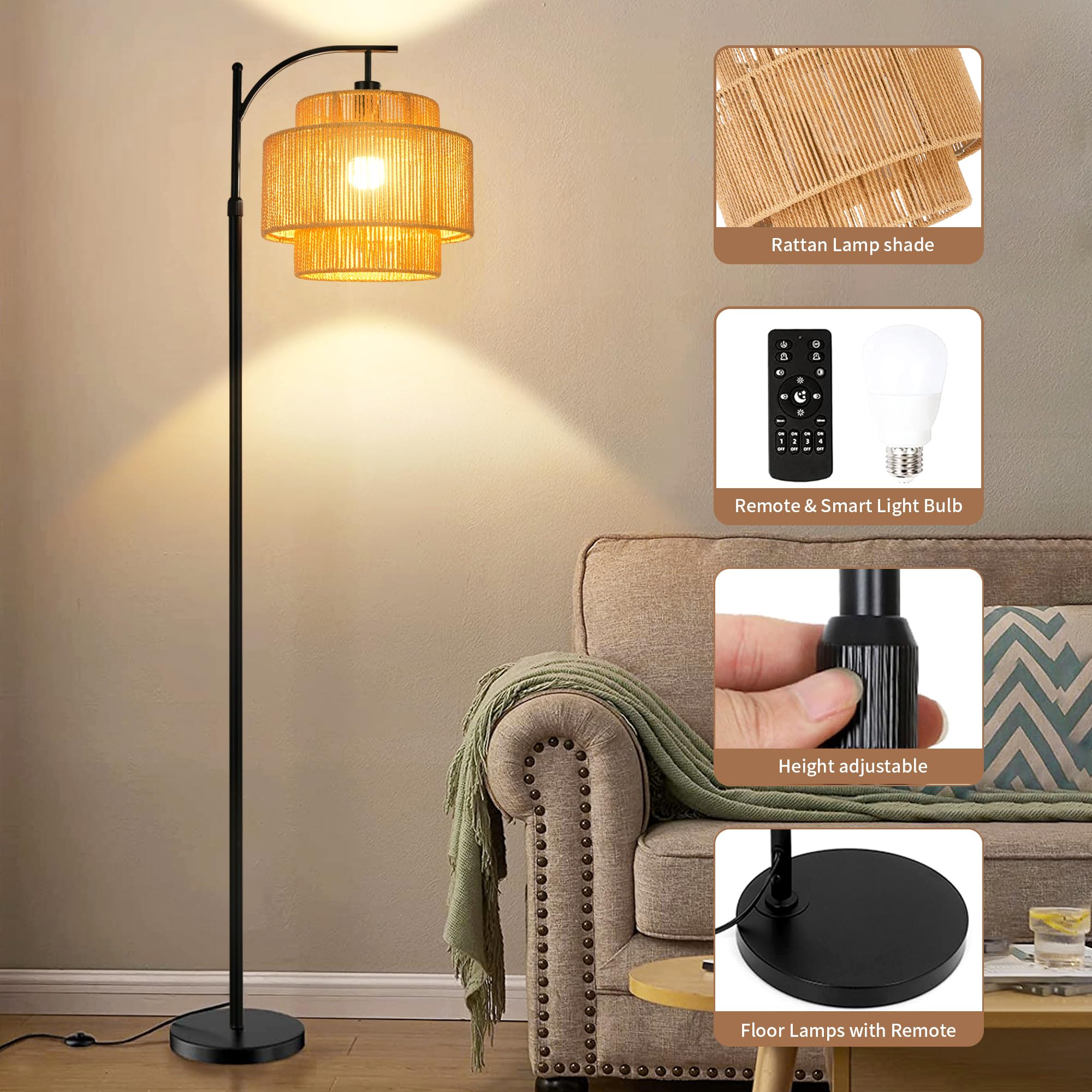 Floor Lamp for Living Room,Bedroom,Boho Rattan Floor Lights,Tree 3 Bulb Standing Lamp Farmhouse Industrial Black Tall Lamp,Wicker Bamboo Lamp Shade Flower Dimmable Floor Lamps Bohemian Decor