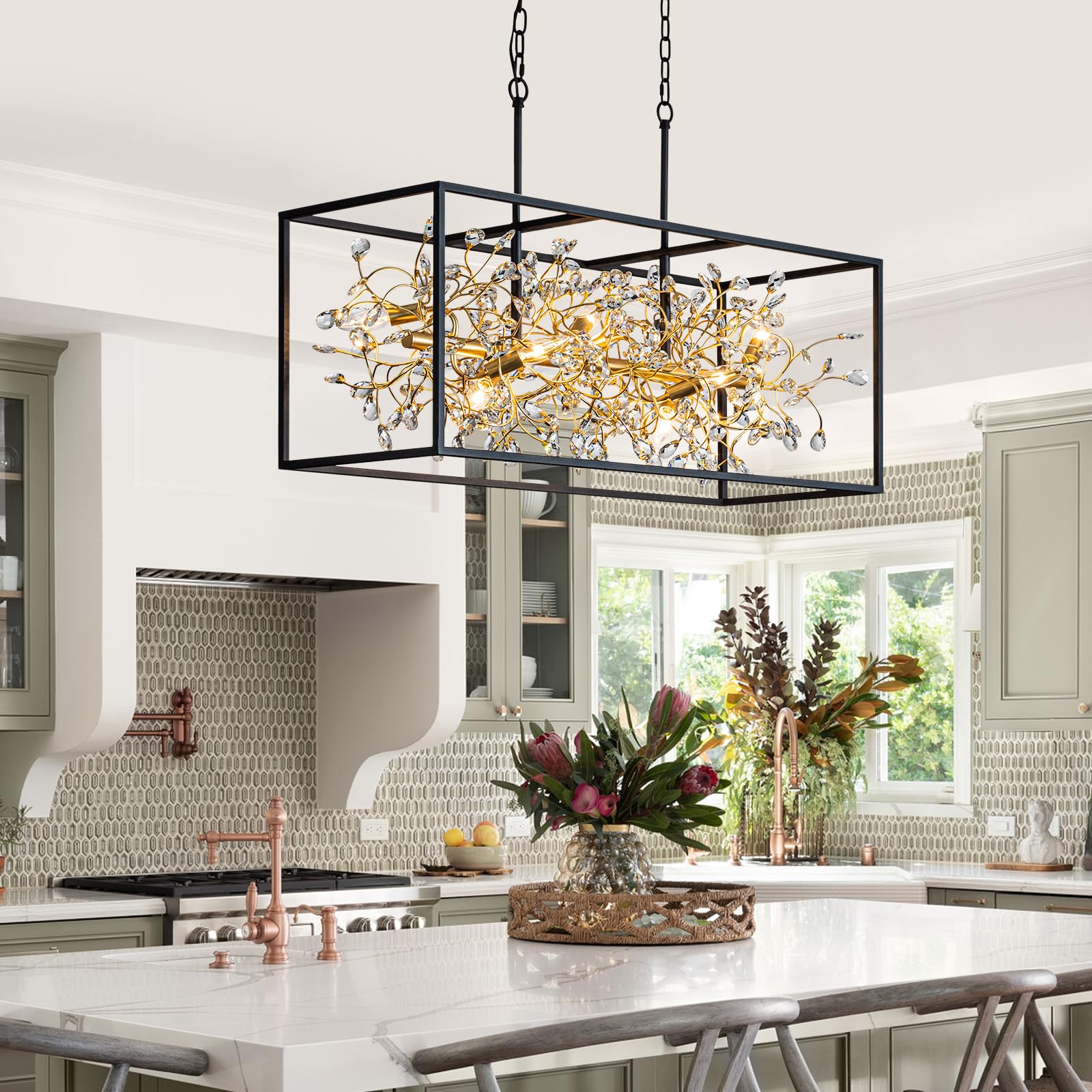 Rectangle Crystal Chandelier for Dining Room 8-Light Black and Gold Modern Farmhouse Chandelier Rectangular Contemporary Pendant Light Fixture for Kitchen Island Bar