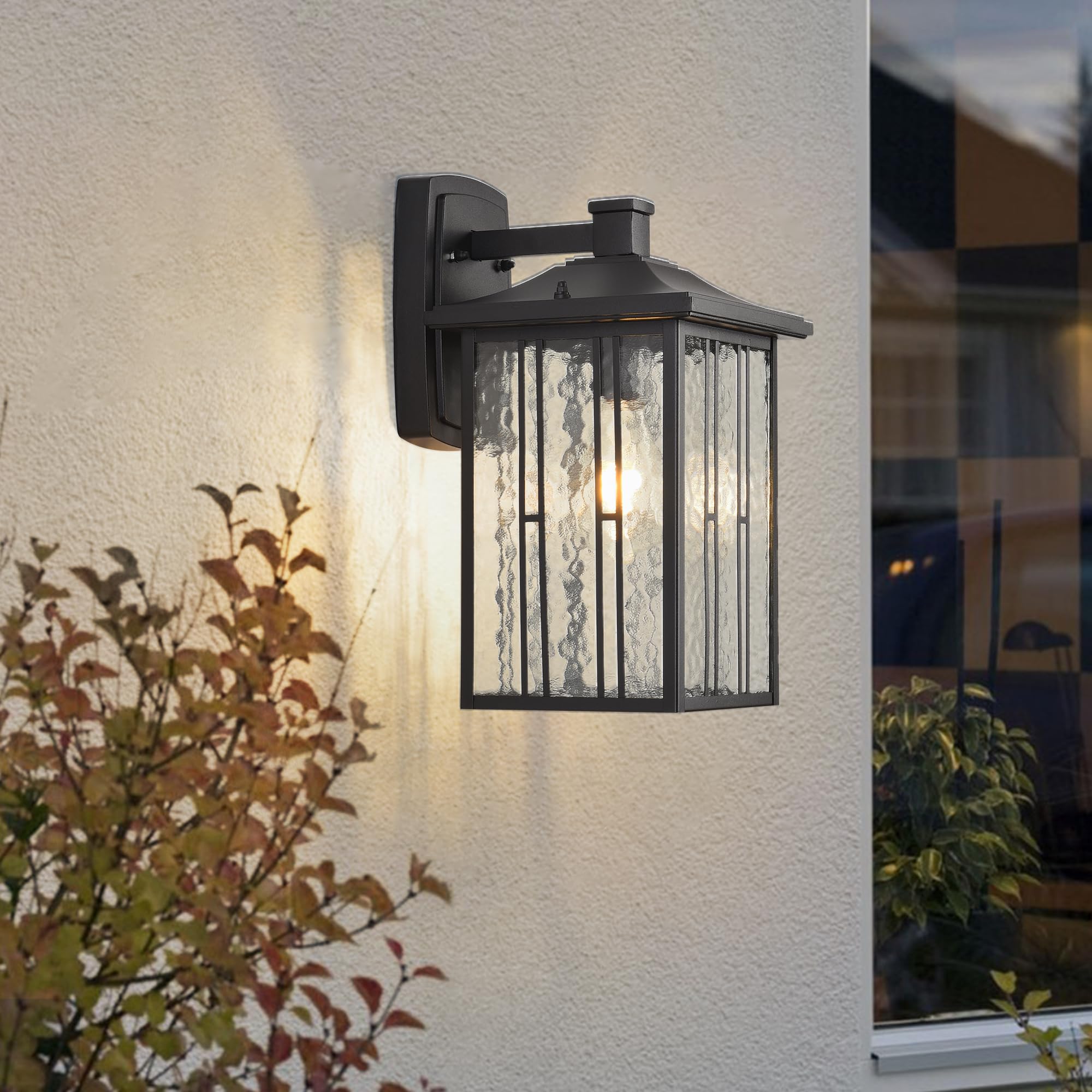 Outdoor Pendant Light, Black Exterior Hanging Lights, LED Outdoor Chandelier, Modern Hanging Lantern for Porch, Ceiling Entry Porch Patio Matte Black with Water-Rippled Glasses