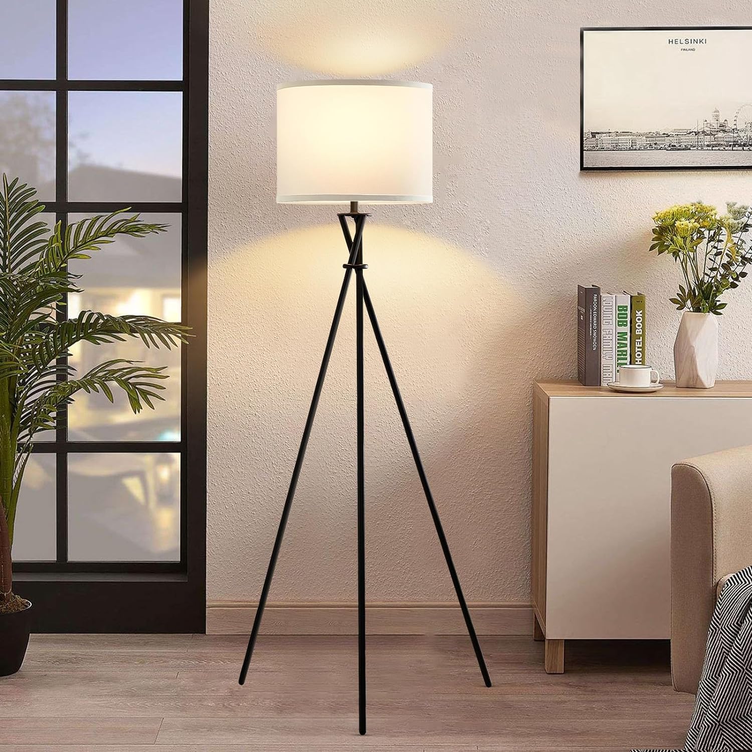 Tripod Floor Lamp, 61” Tall Modern Floor Lamps, Floor Lamp Mid Century, Black Tripod Lamp with White Lampshade, Floor Tripod Lamps for Living Room, Bedroom, Office, Bulb not Include