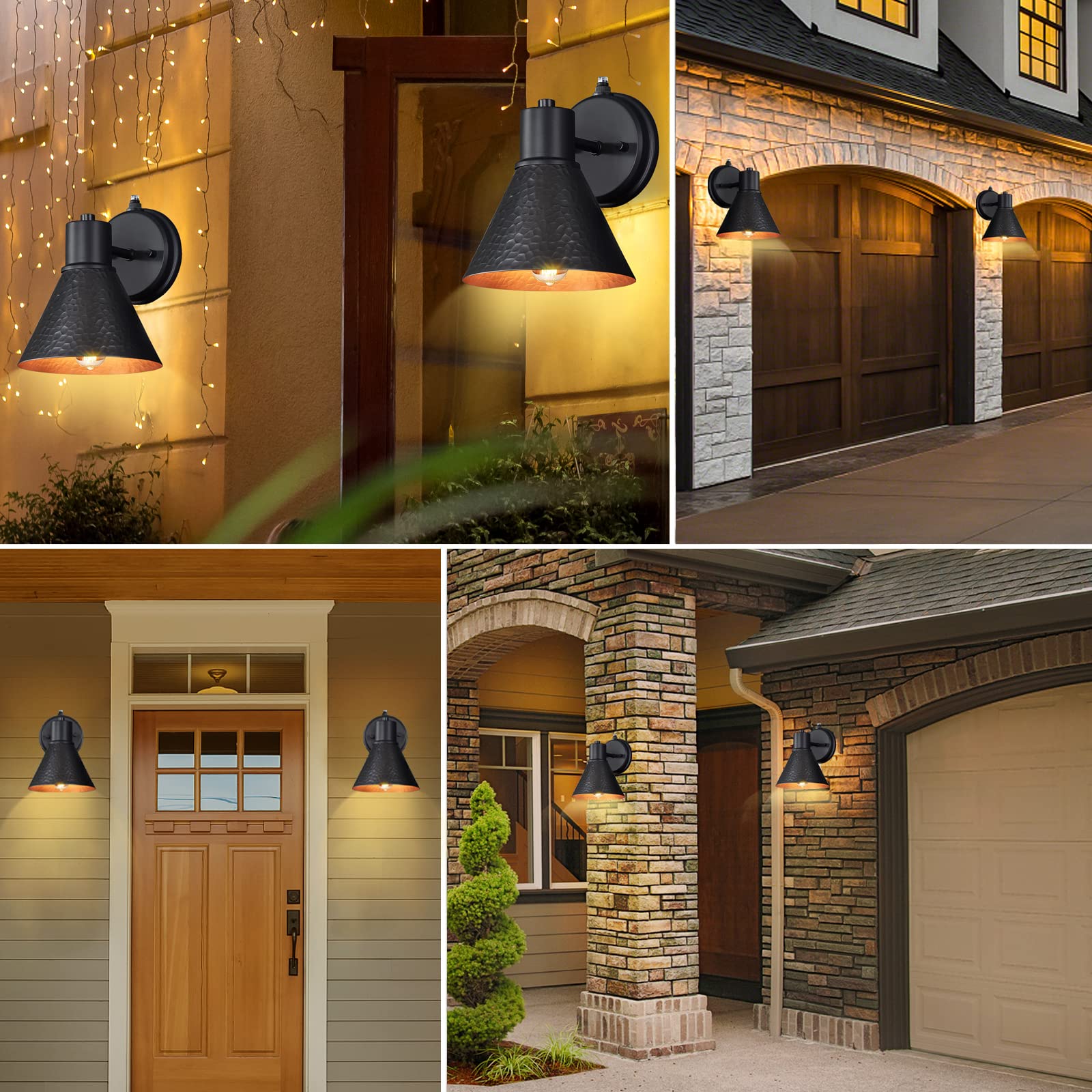 Outdoor Wall Sconces, 2-Pack Wall Lights Fixture, Exterior Farmhouse Porch Light with Hammered Metal Shade, Anti-Rust Waterproof Black Outside Barn Light for Front Porch Patio Garage Gazebo House