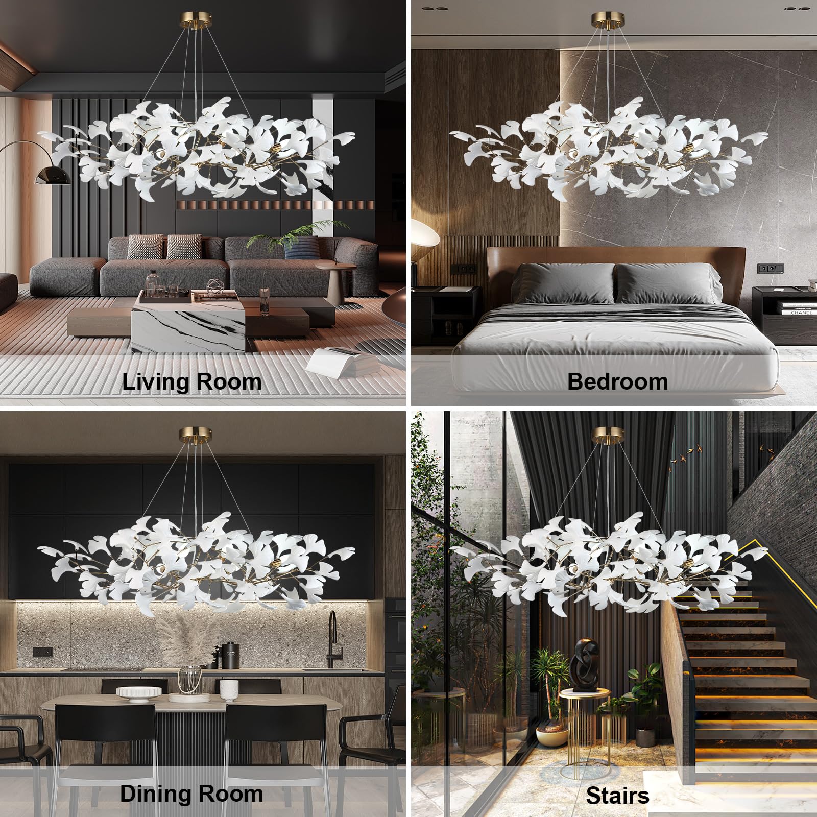 59 Inch White Rectangle Chandelier Ceramic Ginkgo Leaf Chandeliers Brass Large Chandeliers Modern Art Deco Chandelier for Dining Room Living Room,10-Light