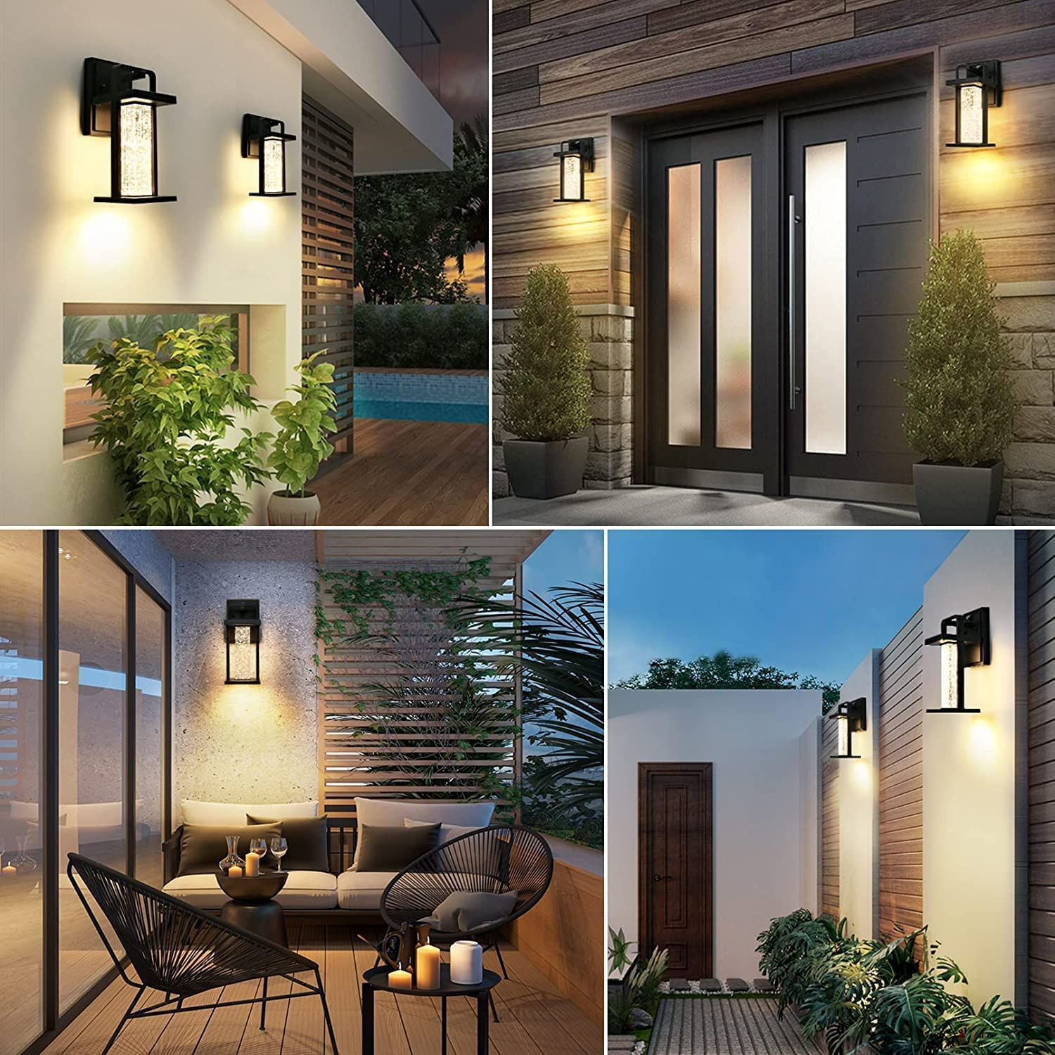 Modern Outdoor Wall Light Fixture,Dusk to Dawn Wall Mount for House with Bubble Crystal Glass,Black Front Porch Lights Waterproof 10W 480LM Integrated Sconce,3000K for House Patio