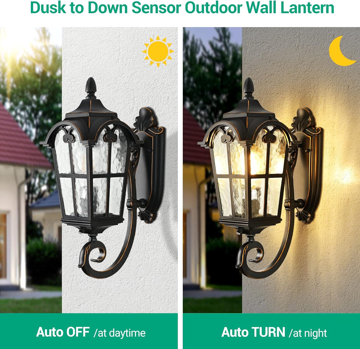 Dusk to Dawn Outdoor Wall Light, 17" Exterior Light Fixture Wall Lantern, Black Roman Porch Light Wall Lamp with Water Ripple Glass, Waterproof Wall Mount Sconce for Porch, Garage, Patio