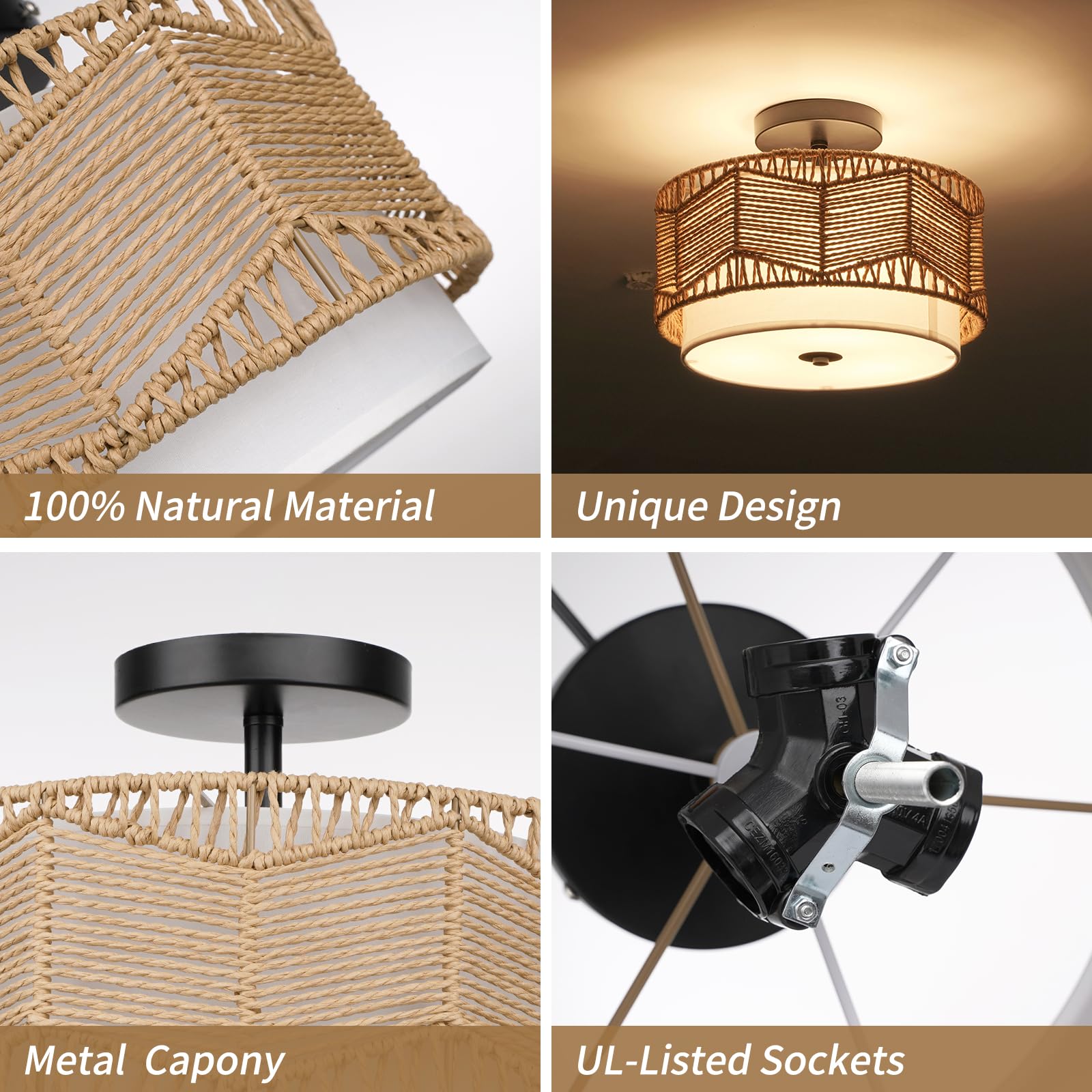 3-Light Semi Flush Mount Ceiling Light Fixture Woven Rattan Light Fixtures Ceiling Mount Boho Light Fixtures with Fabric Shade Ceiling Lights for Bedroom Dining Room Foyer Kitchen Hallway Farmhouse