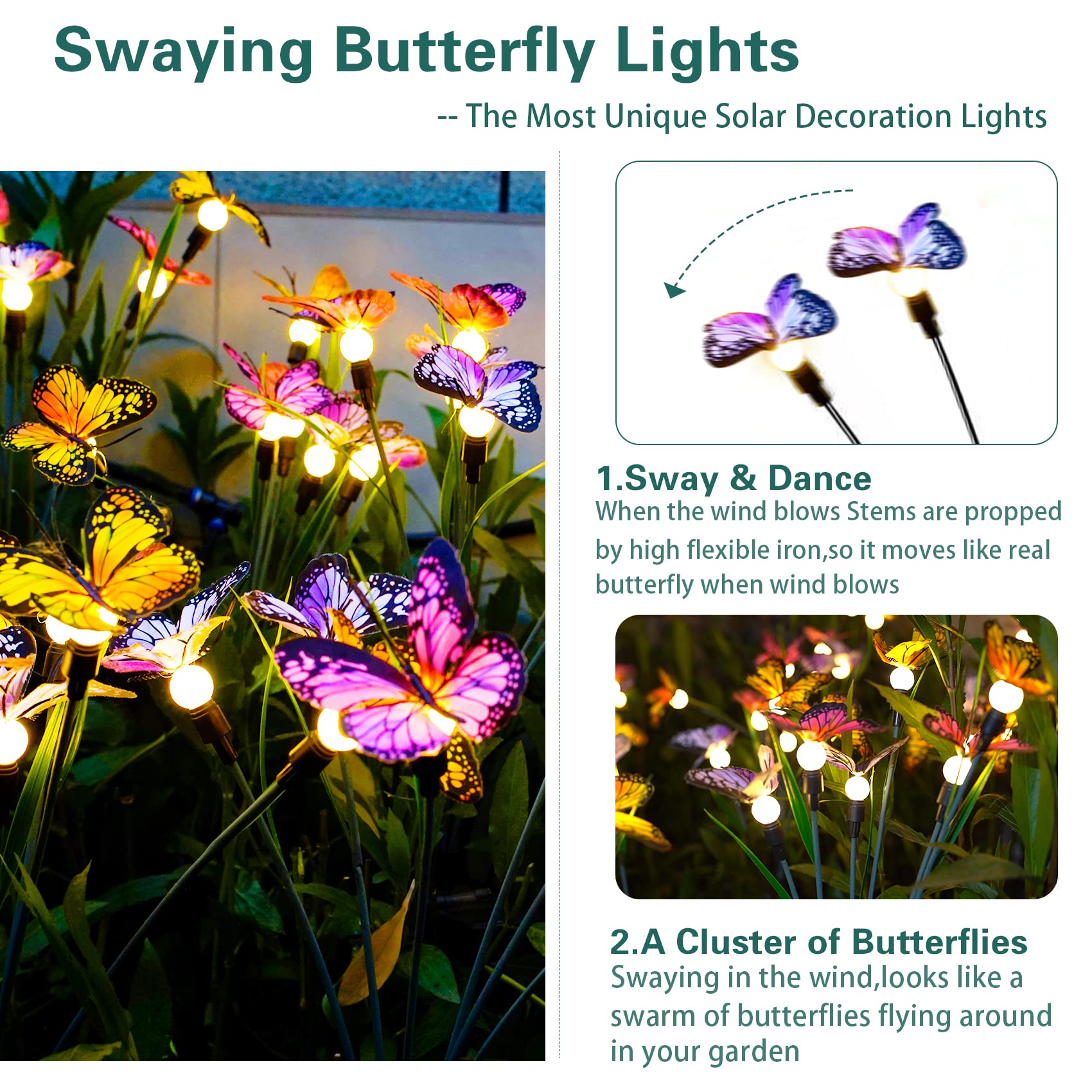 Solar Garden Lights - Newest Swaying Butterfly Light, Swaying in The Wind, Solar Outdoor Lights, Yard Patio Pathway Decoration, High Flexibility Iron Wire & Realistic Butterflies (2 Pack)