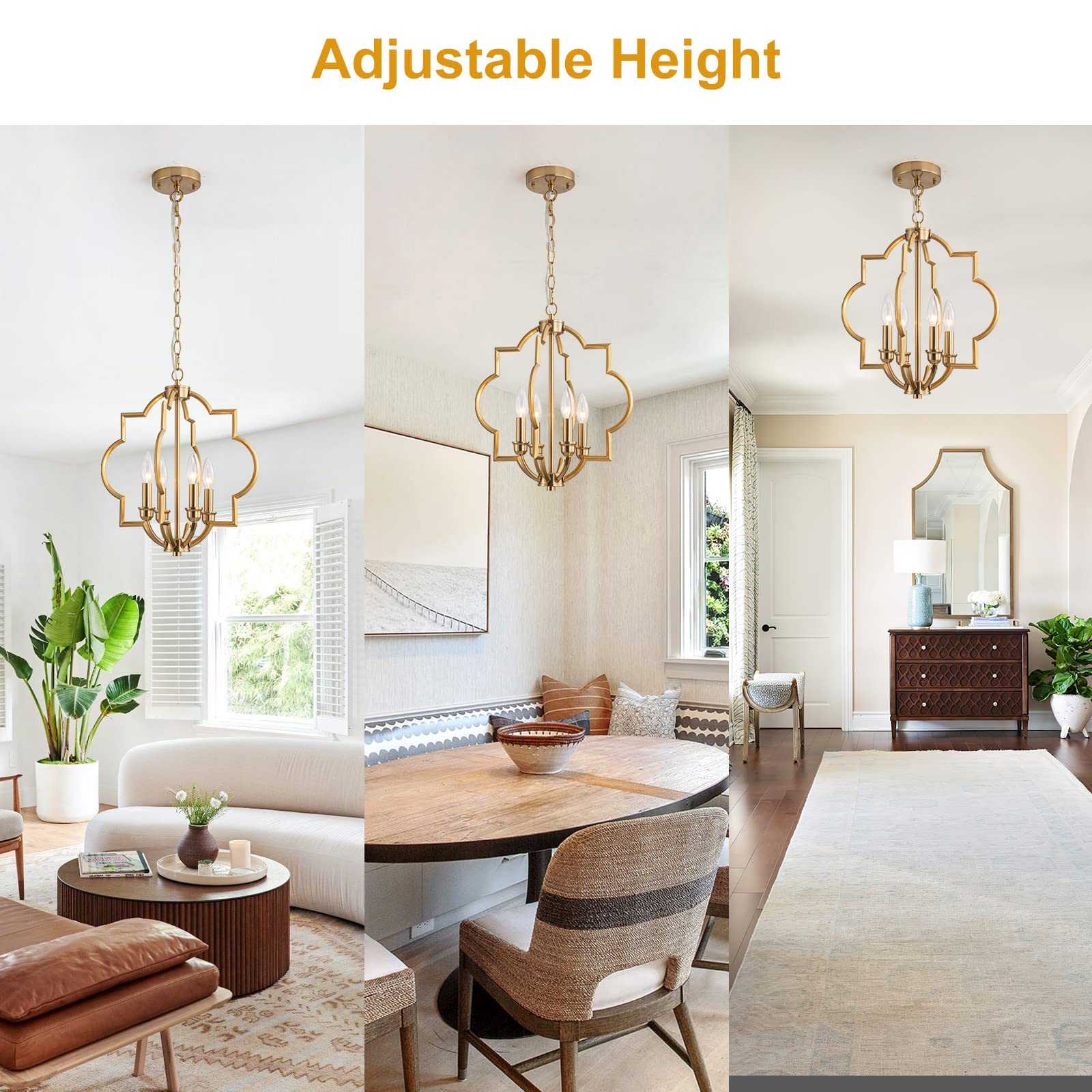 15.6“Gold Farmhouse Chandelier Dining Room Light Fixtures Over Table, Brass Kitchen Island Pendant Light, 4 Light Rustic Orb Geometric Ceiling Hanging Lighting for Entryway Foyer Bar Restaurant