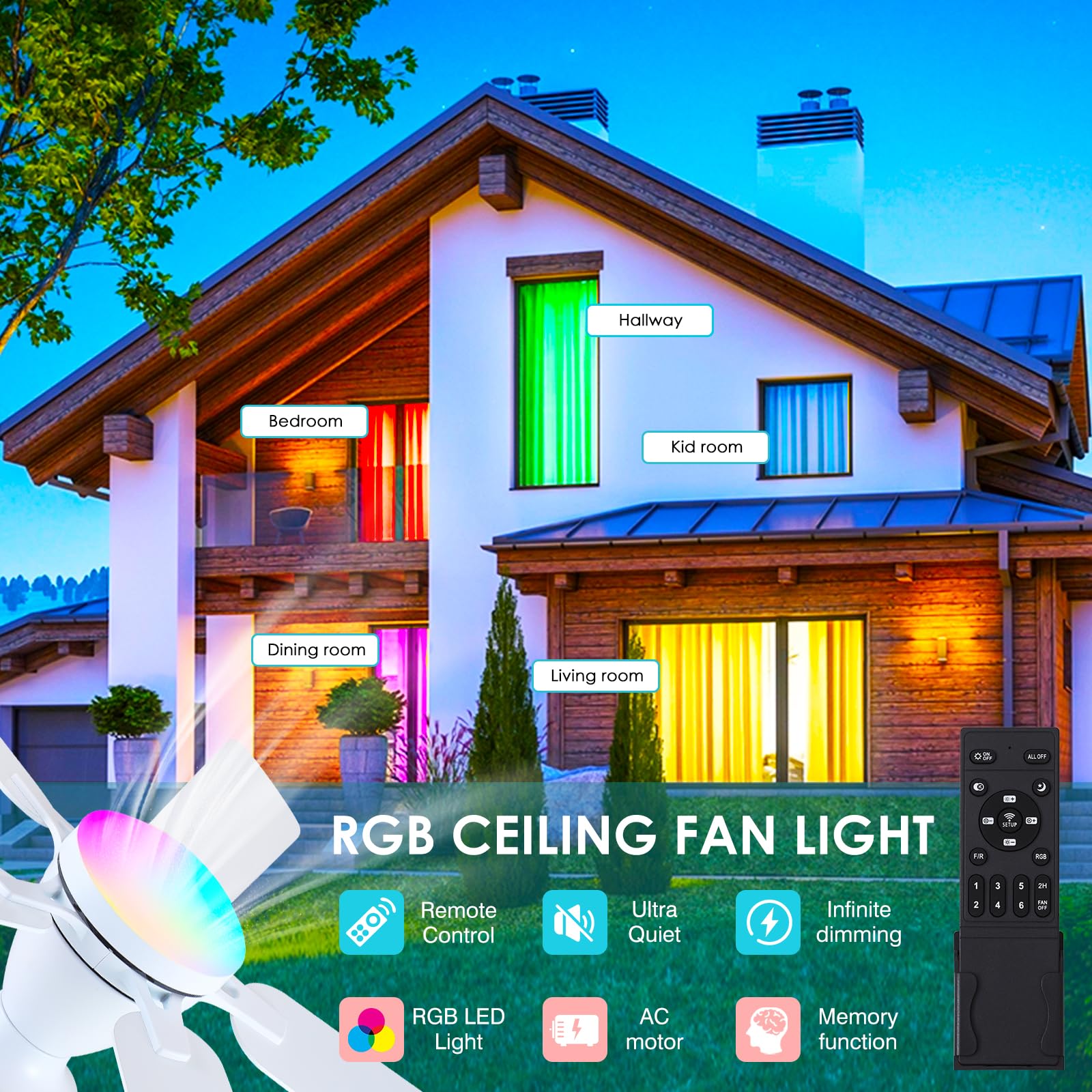 Ceiling Fans with Lights- 46"Low Profile Indoor Ceiling Fan with Light and Remote/APP Control, Flush Mount, LED Dimmable DC Reversible Modern Ceiling Fan for Bedroom（Black）