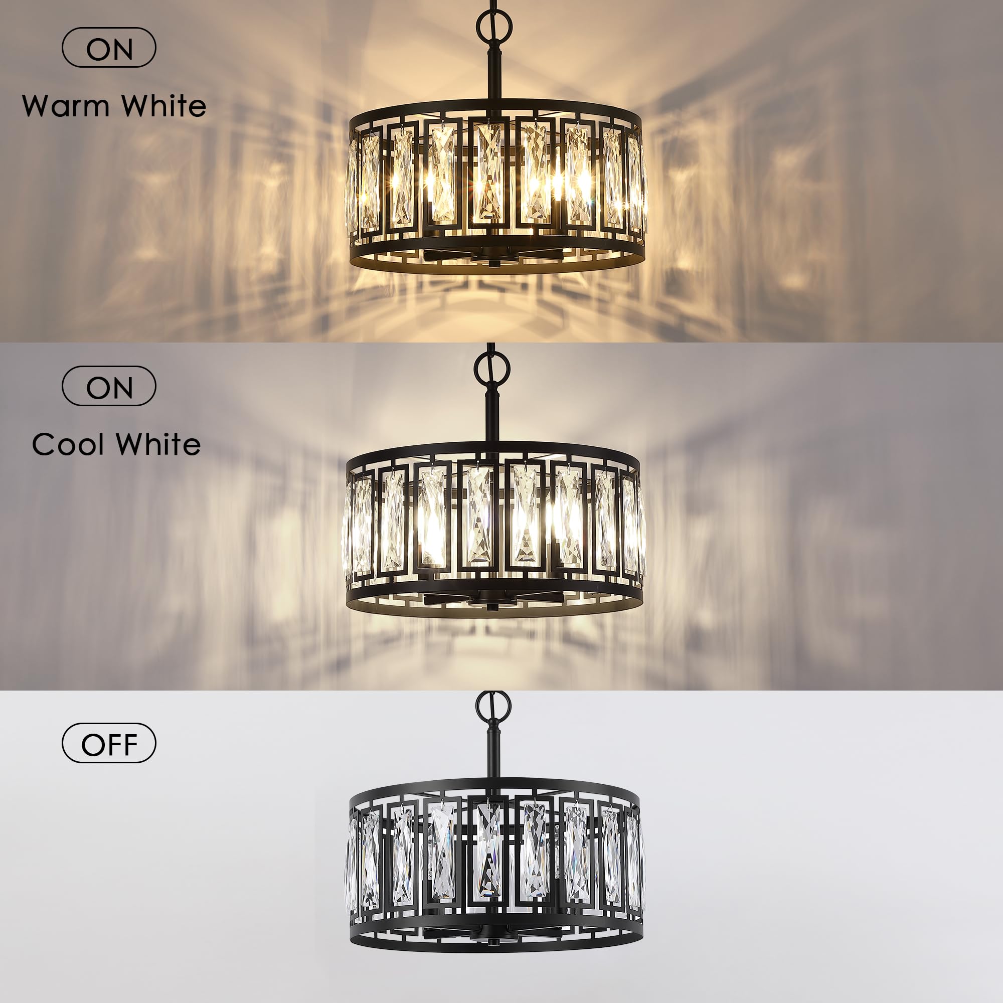 Crystal Pendant Lighting Fixture Matte Black Drum Shade Chandelier,2-Pack Pendant Lights for Kitchen Island Modern Ceiling Lights for Living Room