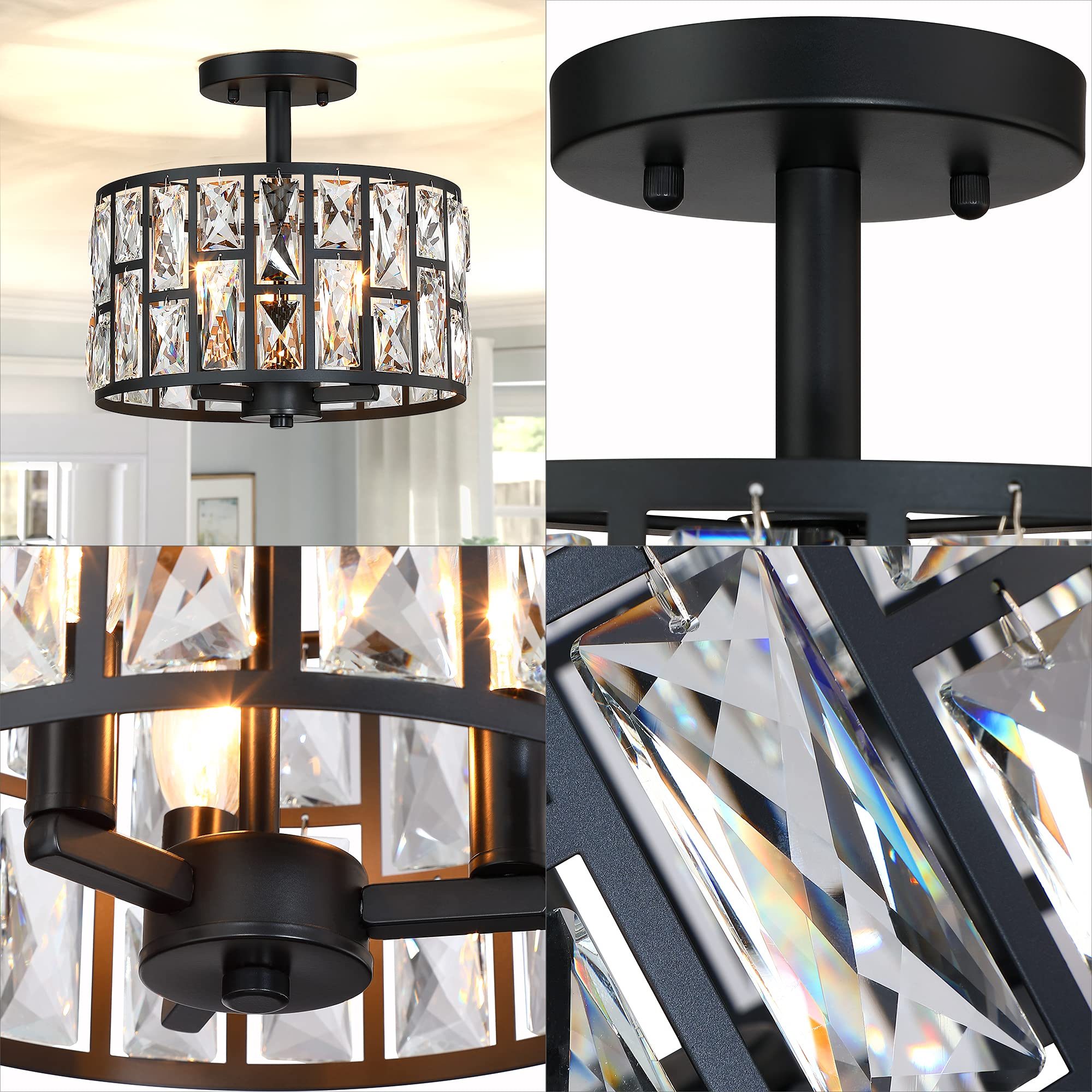 MEXO Farmhouse Crystal Round Semi Flush Mount Close to Ceiling Light Fixture, Drum Shade 3LT Ceiling Lamp for Kitchen Island Dinning Room Bedroom, Hallway Black Finish