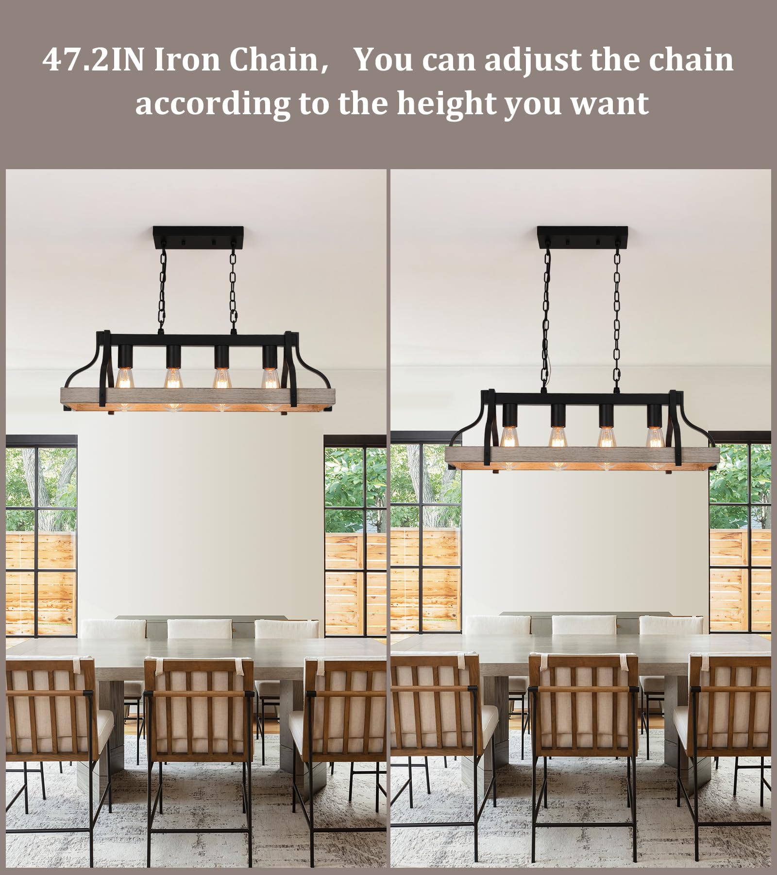 Rustic Kitchen Island Dining Room Light Fixture Farmhouse Linear Chandelier Black and Retro Wood Finish 5-Light Industrial Metal Hanging Pendant Light UL Listed L33.5 W10.6