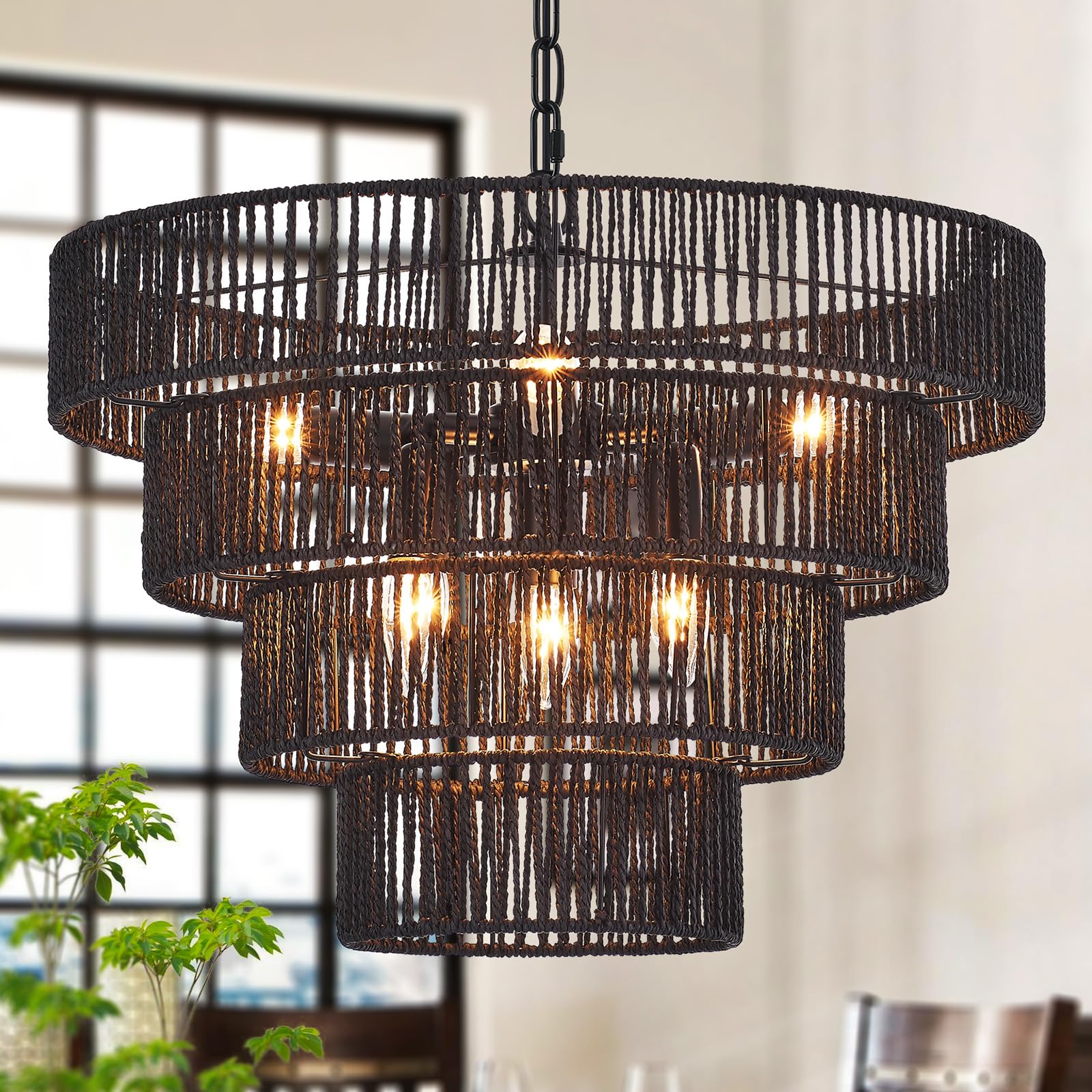 Black Hand-Woven Rattan Chandelier Vintage Farmhouse 6-Lights Boho 19.7" Bamboo Black Chandelier Light Fixture Retro 4-Tier Drum Wicker Chandelier for Dining Room, Kitchen, Living Room, E12