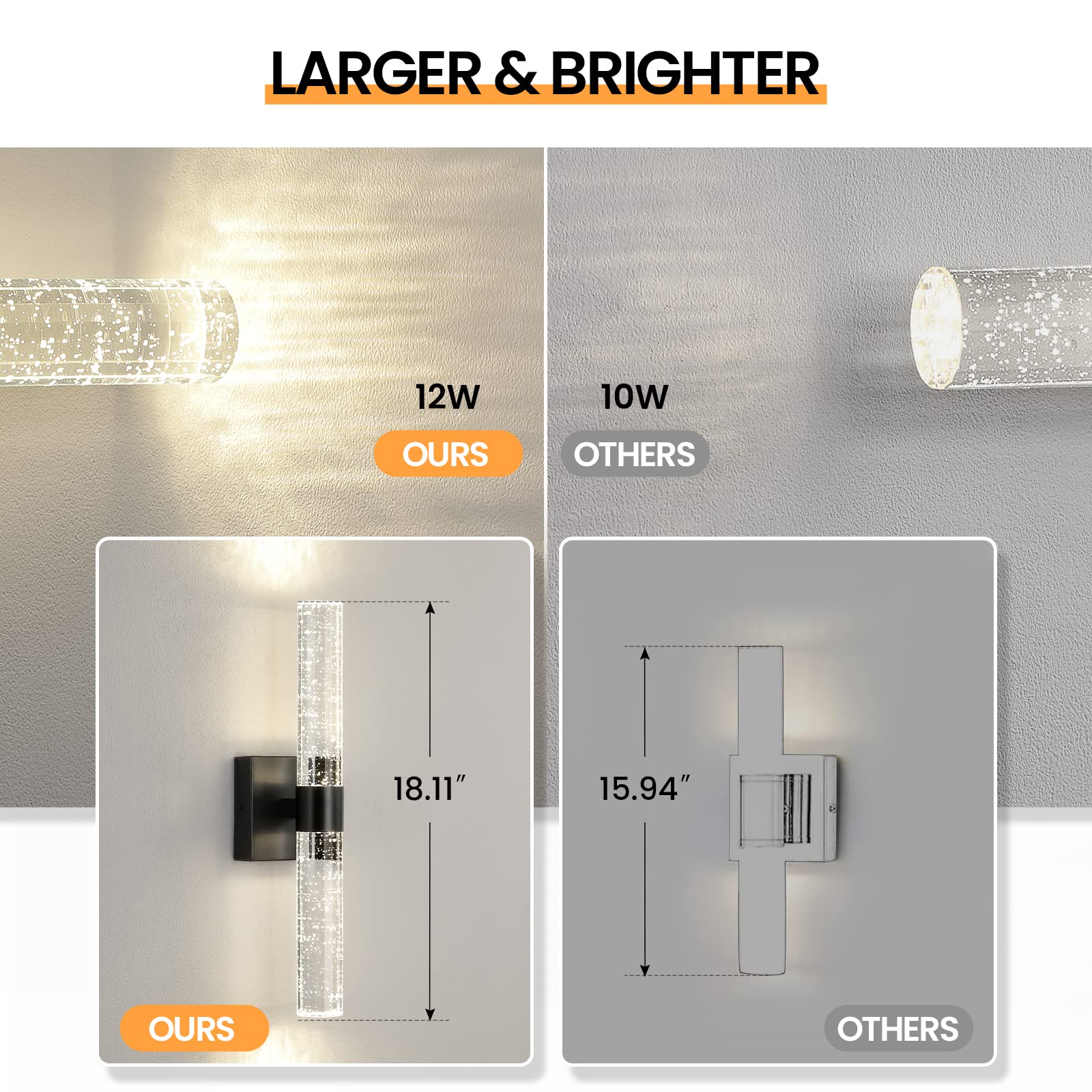 Black Modern LED Wall Sconce - 18 Inch Wall Sconces Set of Two 4000K Dimmable Crystal Sconce Wall Lighting Indoor Wall Mount Bathroom Vanity Light Fixtures for Bedroom Living Room, 12W