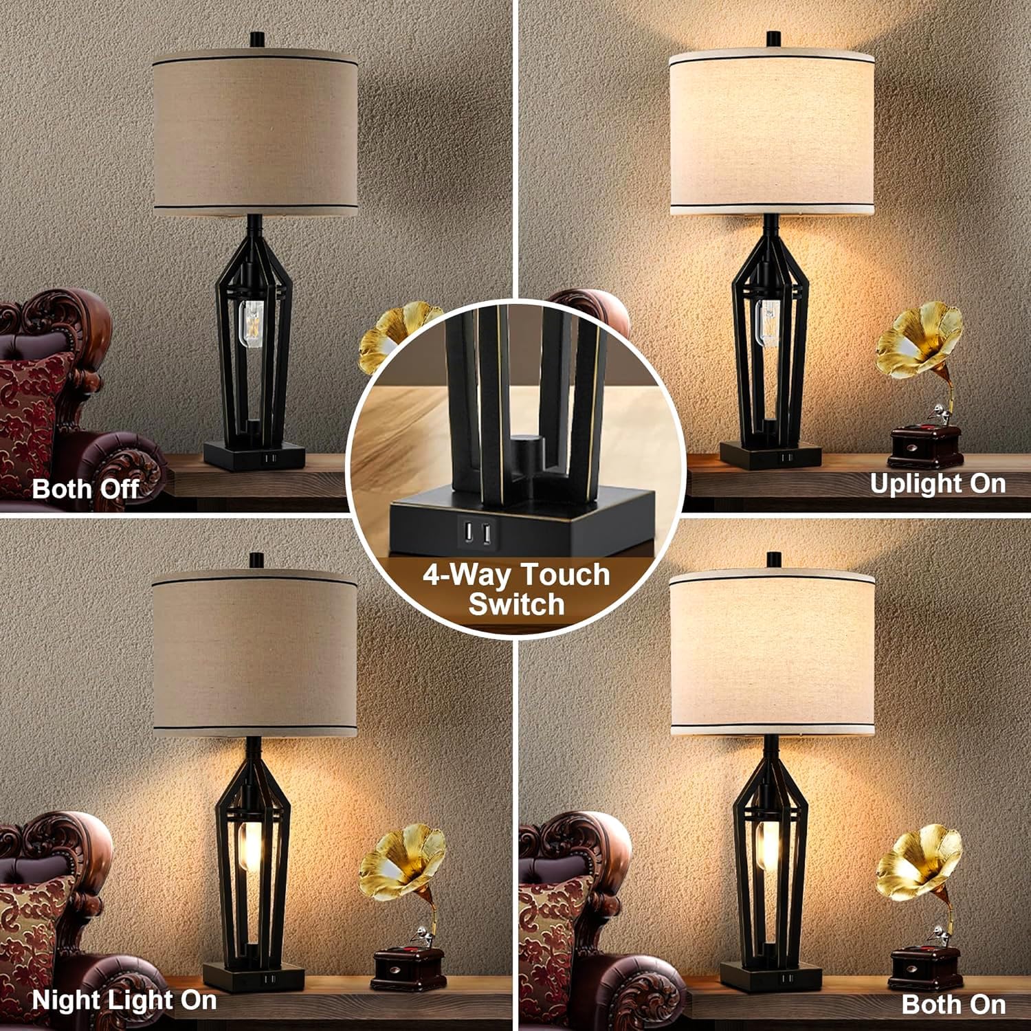 Table Lamps Set of 2 with Night Light, Unique Stepless Dimming, 28 Inch Touch Control Bedside Lamp with 2 USB Ports, 4 LED Bulbs, Tall Industrial Rustic Bedroom Lamps for Living Room,Bedroom