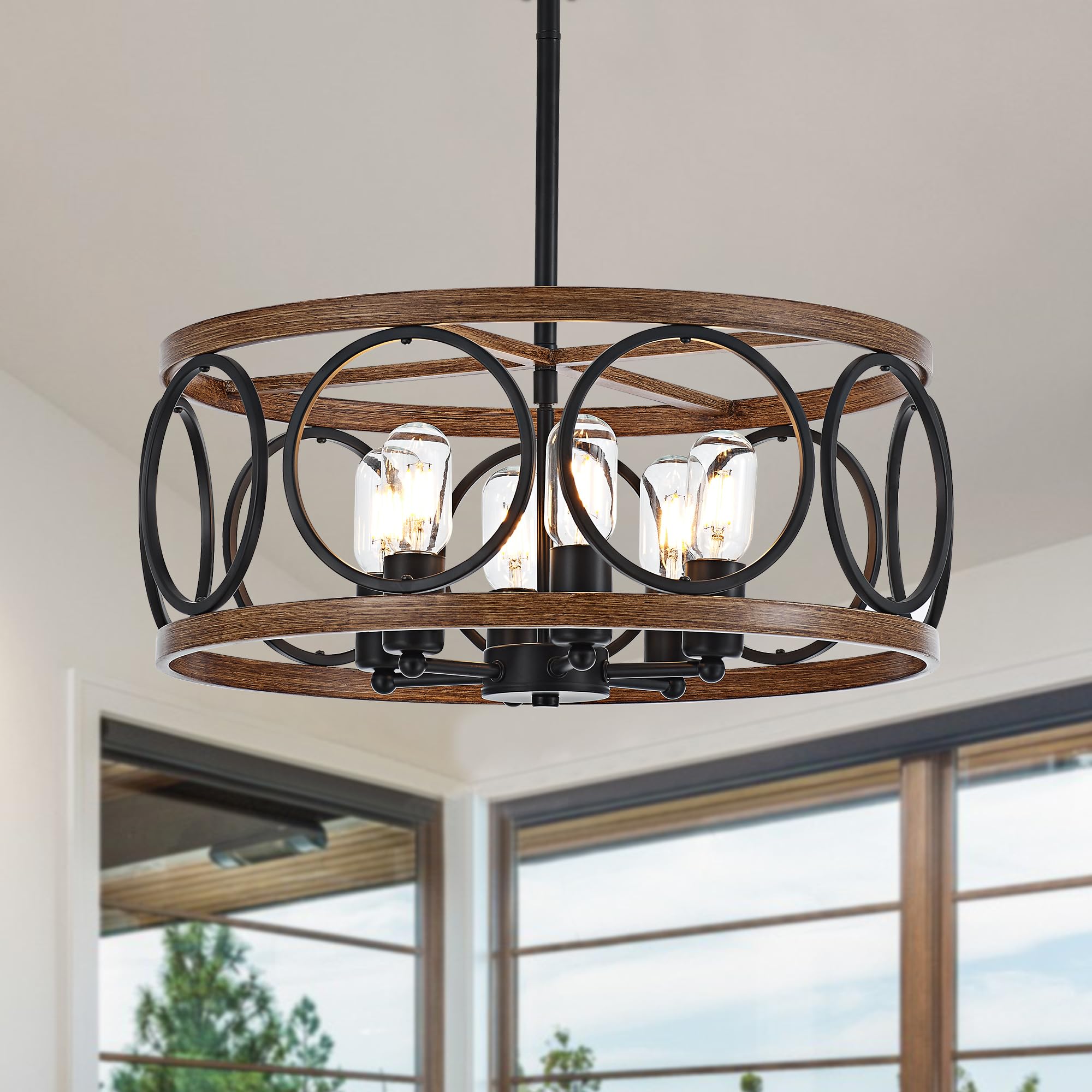 6-Light Farmhouse Wood Pendant Light,22.83'' Vintage Rustic Brown Oak Wood Chandeliers,Retro Industrial Hanging Light Fixtures for Dining Room Entryway, Bedroom