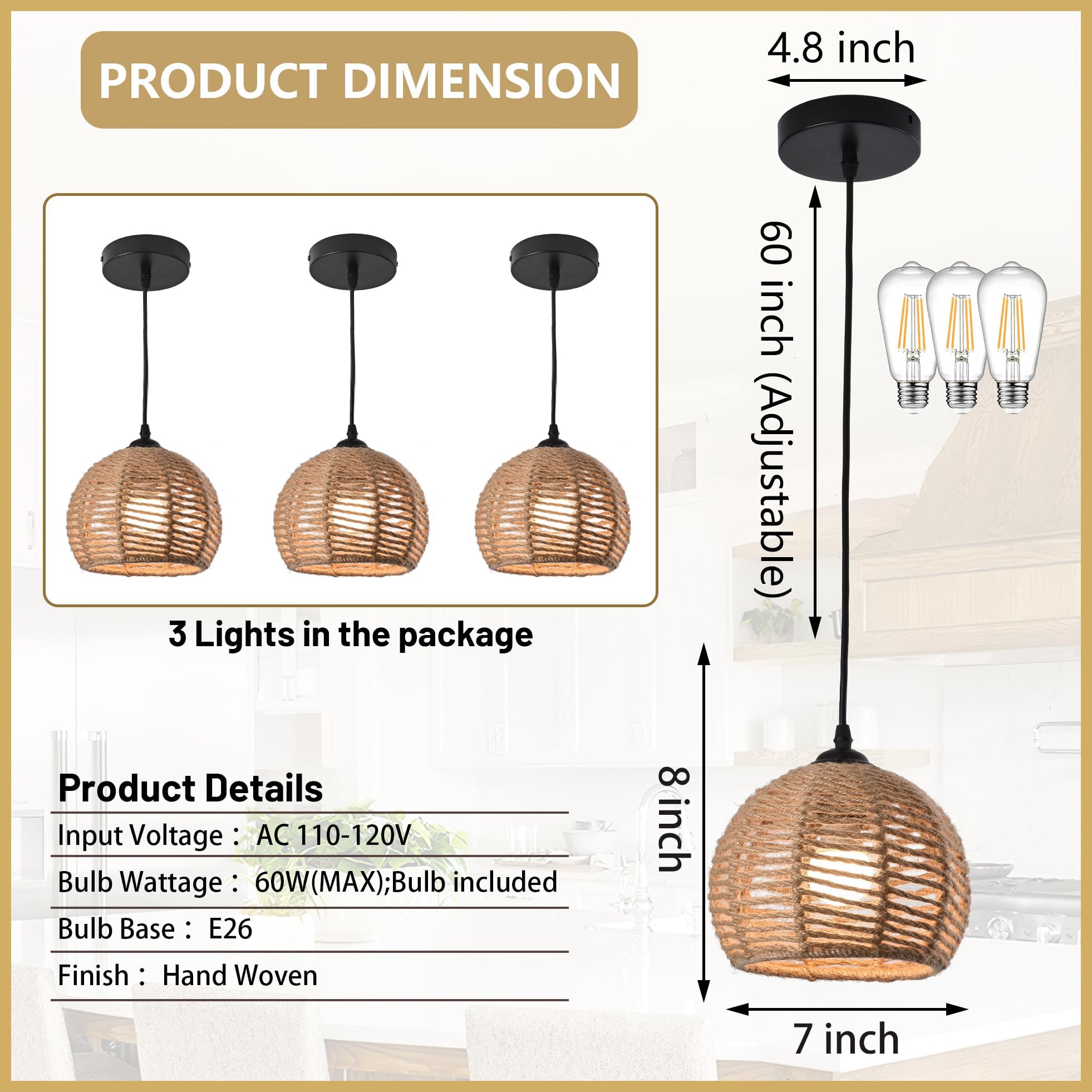 Mini Hemp Rope Woven Pendant Light Woven Light Fixture Boho Chandelier Light Fixture Wicker Pendant Light Rattan Light Pendant Dome Wicker Chandelier for Bedroom Kitchen Island(Bulb Incl.)