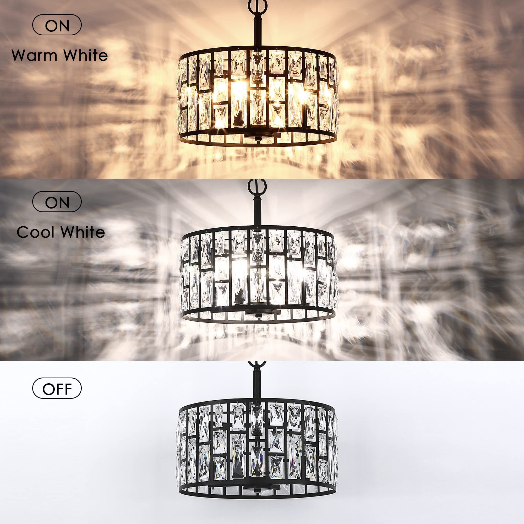 MEXO Farmhouse Crystal Round Semi Flush Mount Close to Ceiling Light Fixture, Drum Shade 3LT Ceiling Lamp for Kitchen Island Dinning Room Bedroom, Hallway Black Finish